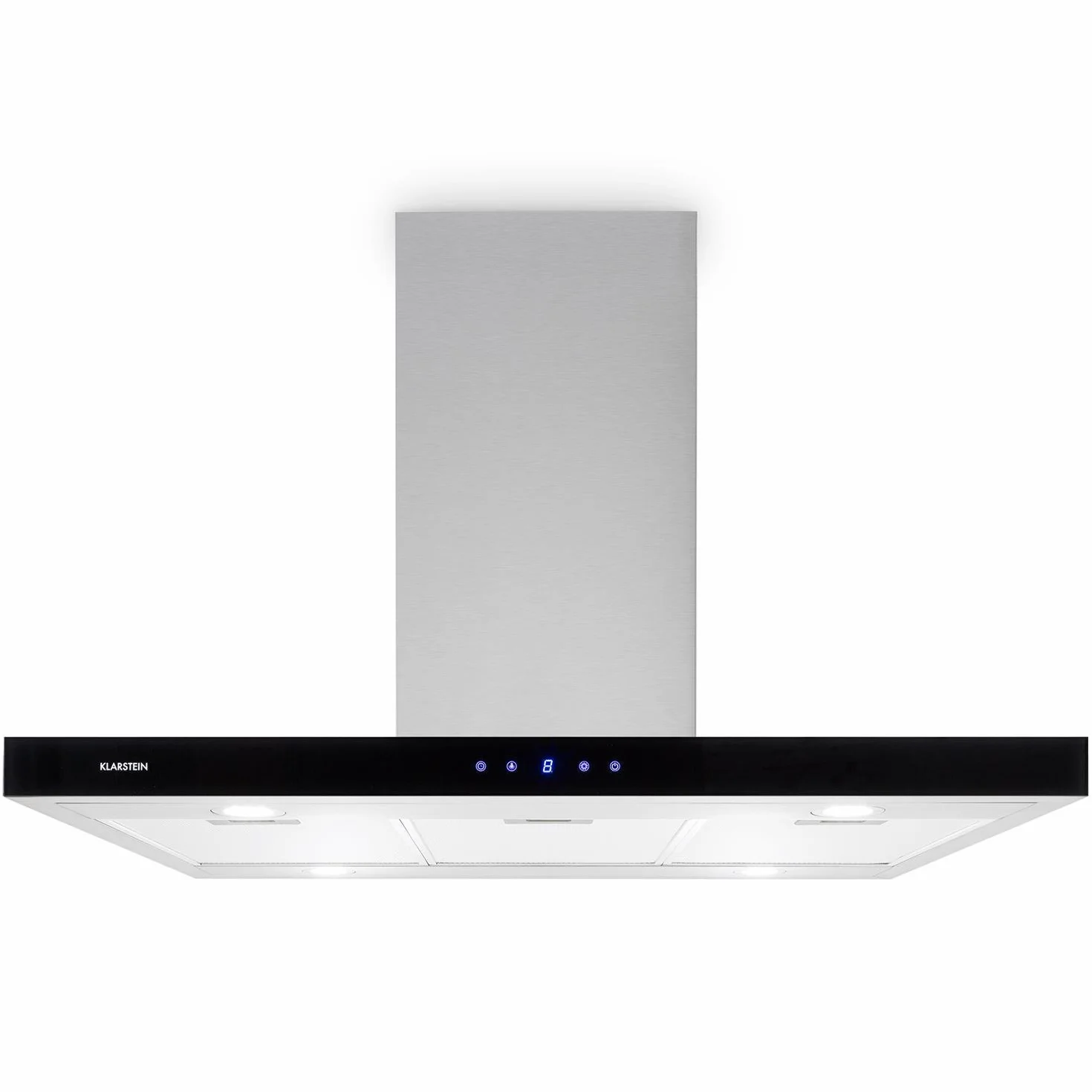 Klarstein Madonna - Campana extractora en isla, 90 cm Ancho, 3 potencias, Ventilación 500 m³/h, Filtro Antigrasa, Pantalla, Lámparas halógenas, Acero Inoxidable, Clase Energia C, Plateado
