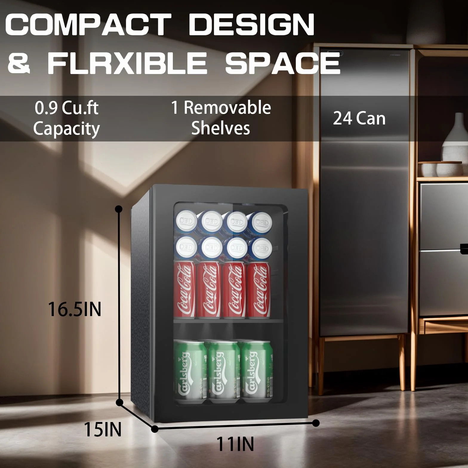 Mini Refrigerador de 20L con Capacidad para 24 Latas de Bebidas, Puerta Frontal para Refrescos y Cerveza, Refrigerador Pequeño Bajo Encimera con Estantes Ajustables (Negro)