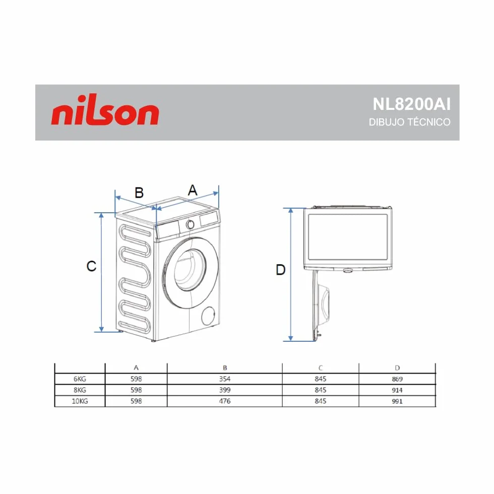 Nilson Lavadora 8Kg Carga Frontal Blanco NL8200AI 1600W 1200rpm Motor Inverter 11 Programas