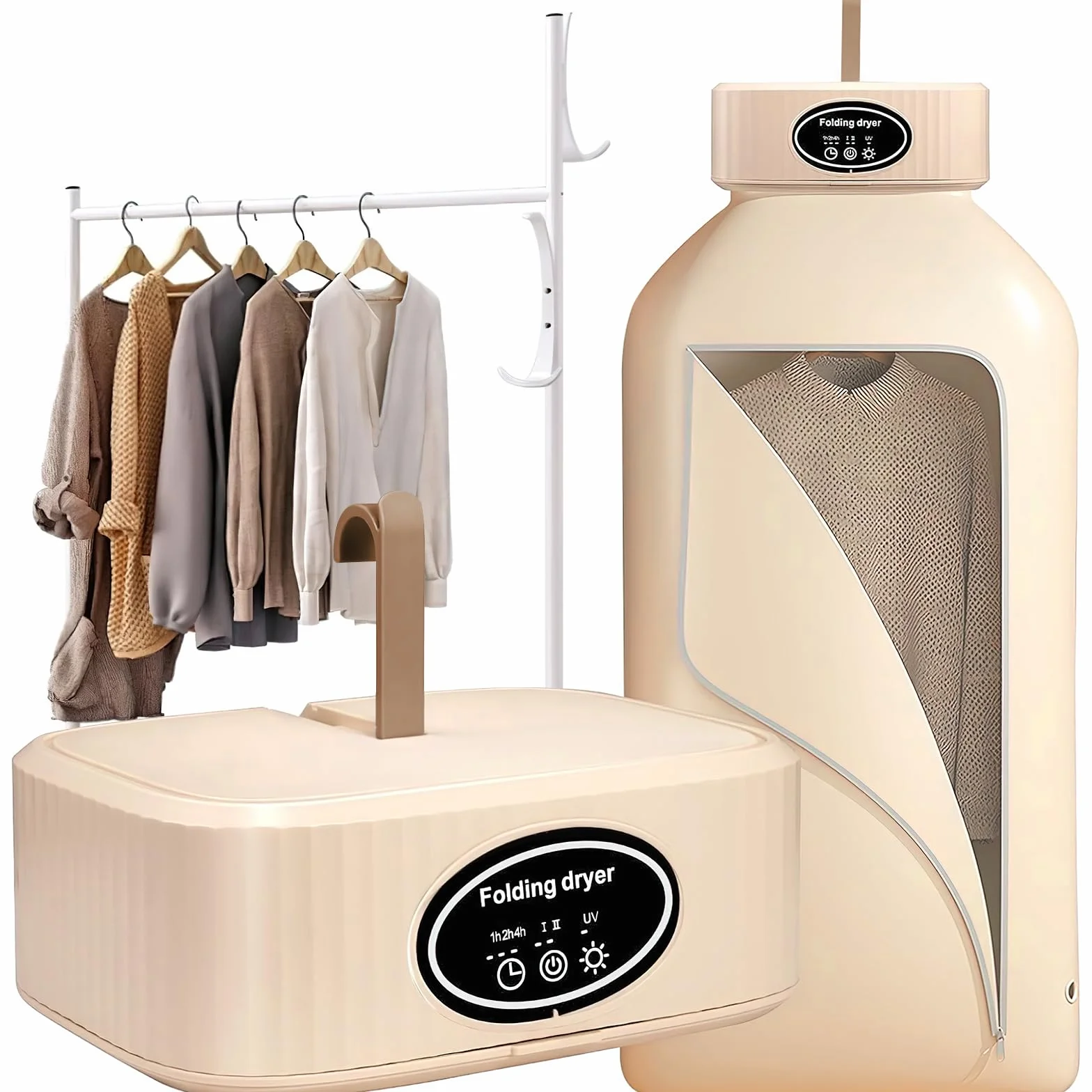 Secadora eléctrica portátil, mini secadora de ropa de 600 W, 2 velocidades, con bolsa de secado, desinfección por rayos ultravioleta, silenciosa y eficaz para apartamento de viaje camping (Kaki)