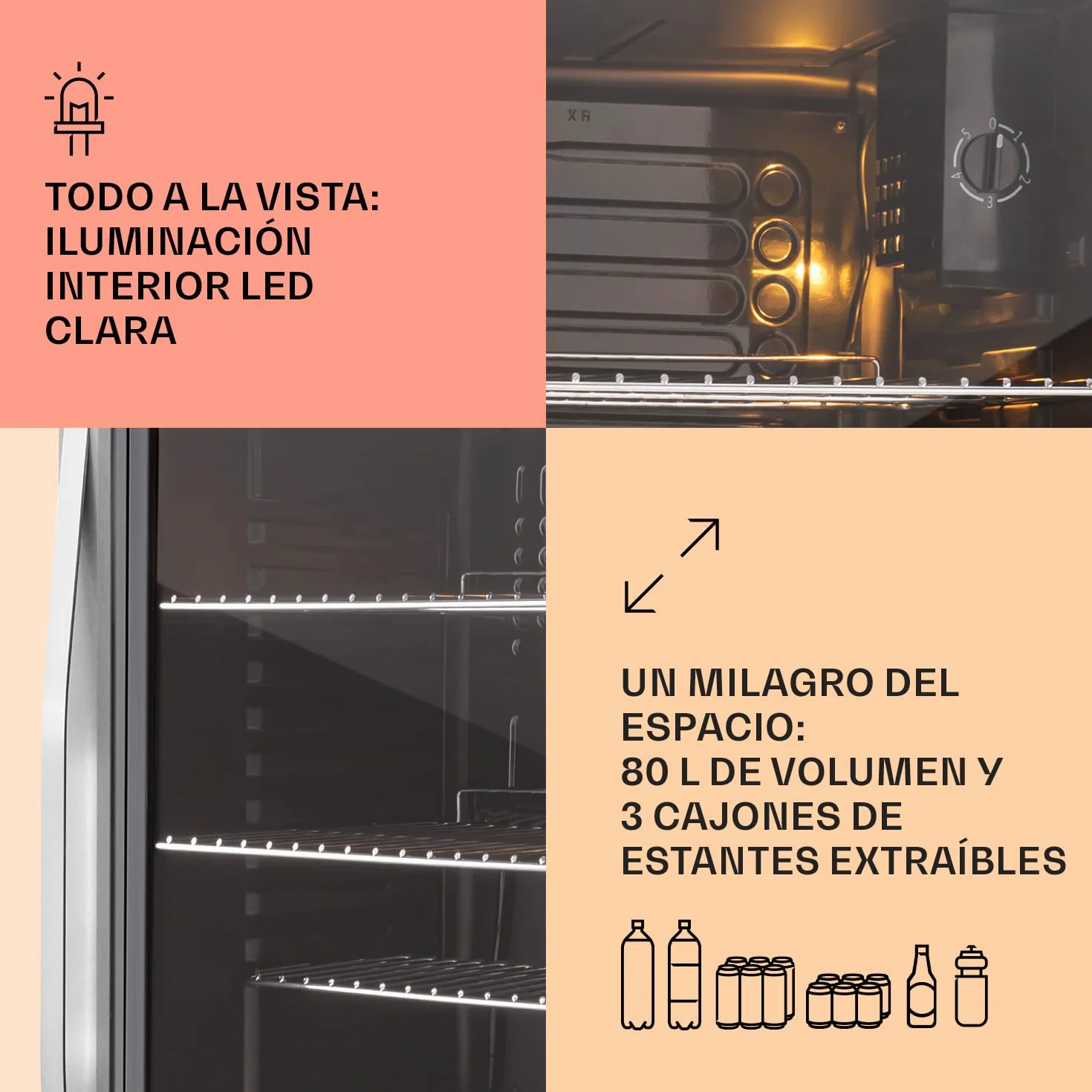 KLARSTEIN Mini Nevera Pequeña con Puerta de Cristal para Habitaciones, 80 L, Frigorifico Portatil Electrico con Estantes para Bebidas