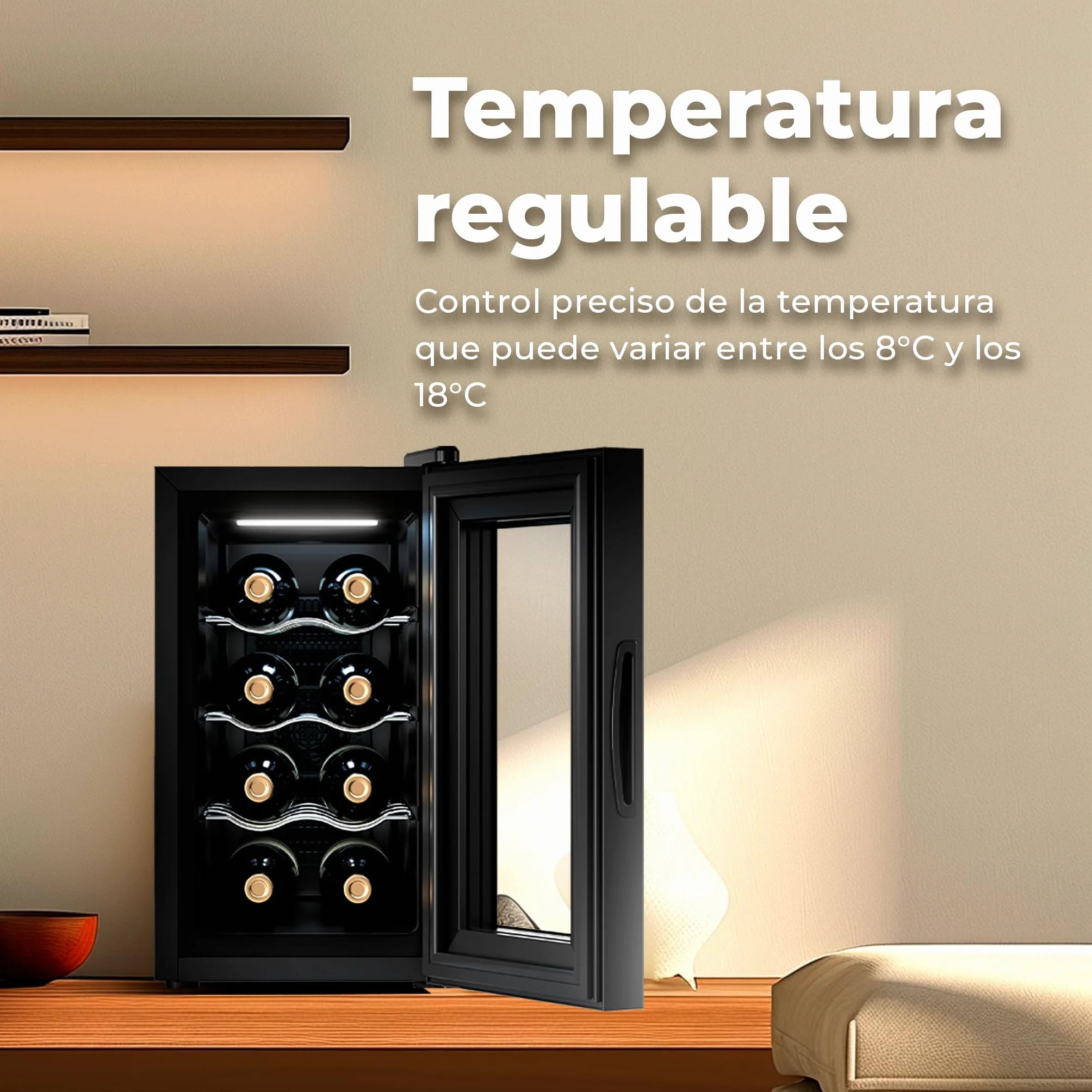 EVVO Vinoteca VT8 - Enfriador de Botellas de Vino, Nevera Pequeña para 8 Botellas, Enfriador de Vino Silencioso, Control Táctil, Luz LED, Botellero Vertical, Temperatura Ajustable 8-18ºC