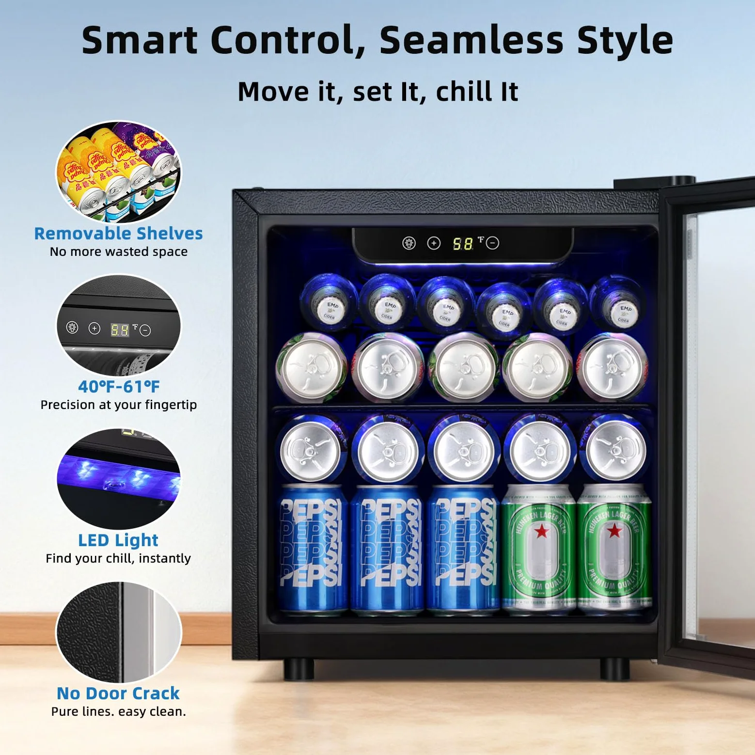 Antarctic Star - Enfriador de bebidas para 48 latas, 12 botellas de vino con puerta de vidrio de acero inoxidable sin costuras, indicador de temperatura digital, control electrónico