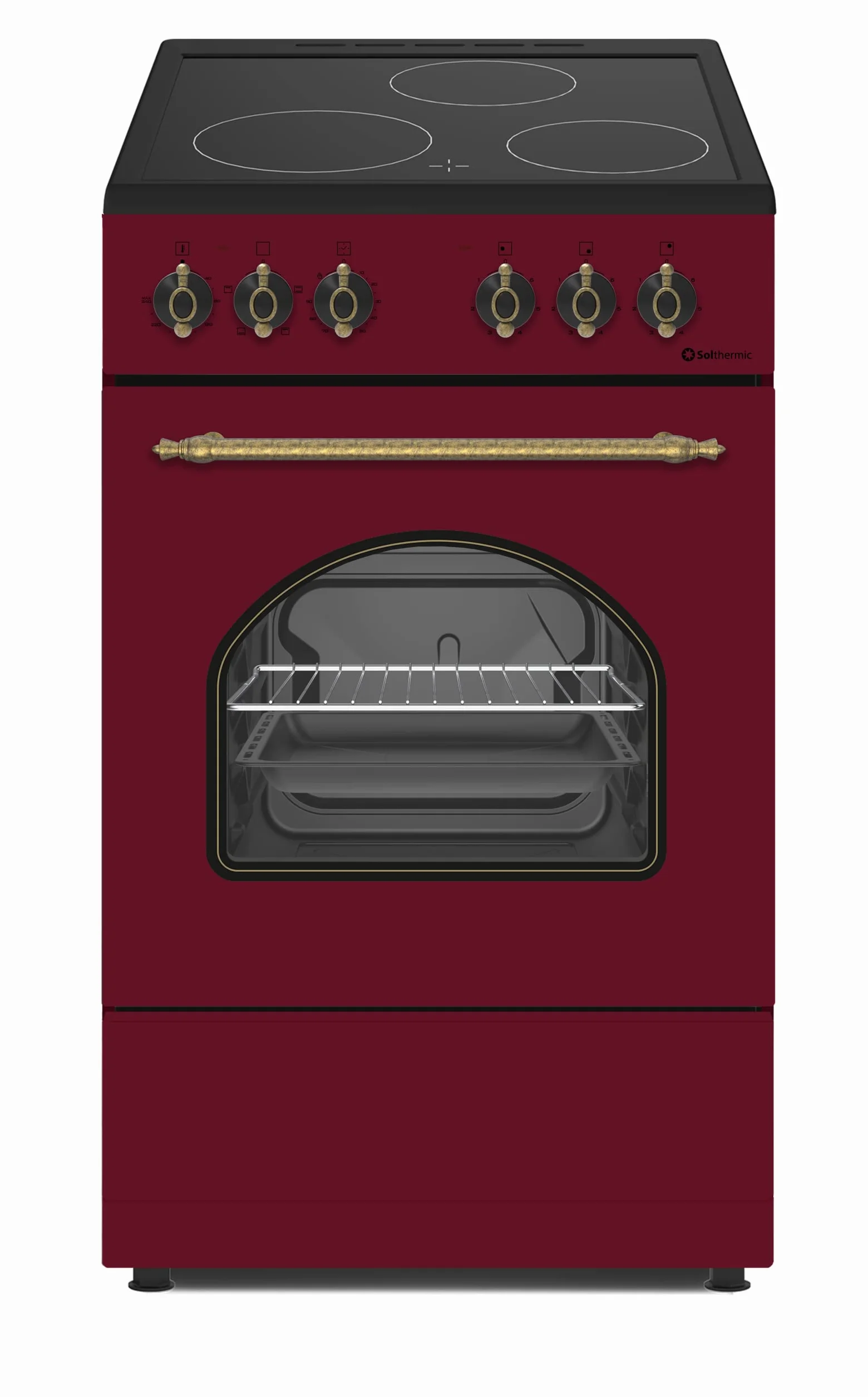 COCINA VITROCERÁMICA CON HORNO ELECTRICO SOLTHERMIC ROJO BURDEOS ACABADOS DORADOS/50 CM ancho, 3 FUEGOS/HORNO ELECTRICO
