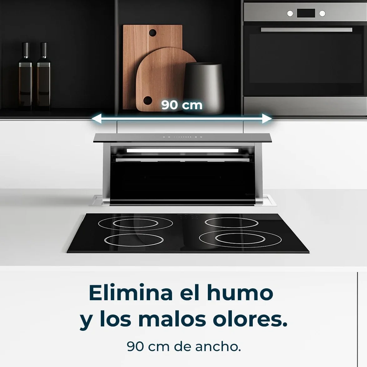 Cecotec Campana Extractora de Encimera 90m Bolero Flux ET 908000 Glass Black A++. 210W, Succión 800m3/h, 8 Velocidades, Slider Touch Control, Filtro Carbono, Acabado en Cristal Negro