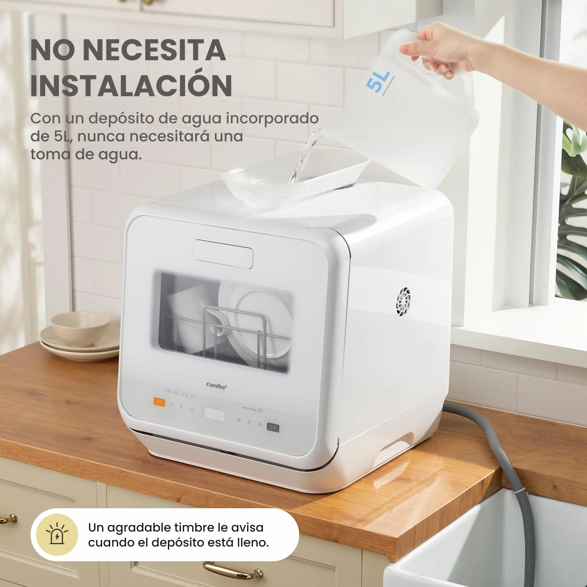 COMFEE' Lavavajillas de Encimera Mini, 6 Programas, Lavado con Vapor, Cuidado del Bebé, Lavado de Frutas, Sin Fontanería, Inicio Diferido, 72h Almacenamiento, Blanco
