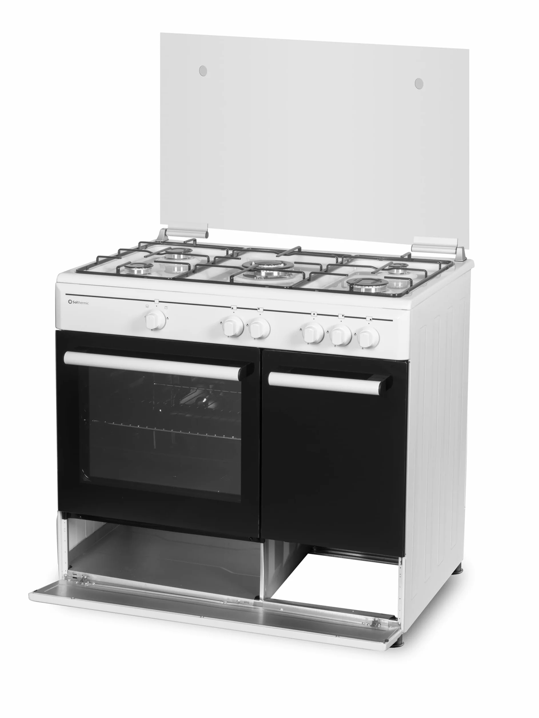 SOLTHERMIC F9LG50G2W COCINA GAS PORTABOMBONA BLANCA DISEÑO MODERNO / 5 FUEGOS/HORNO 64 L. / GAS BUTANO Y GAS CIUDAD
