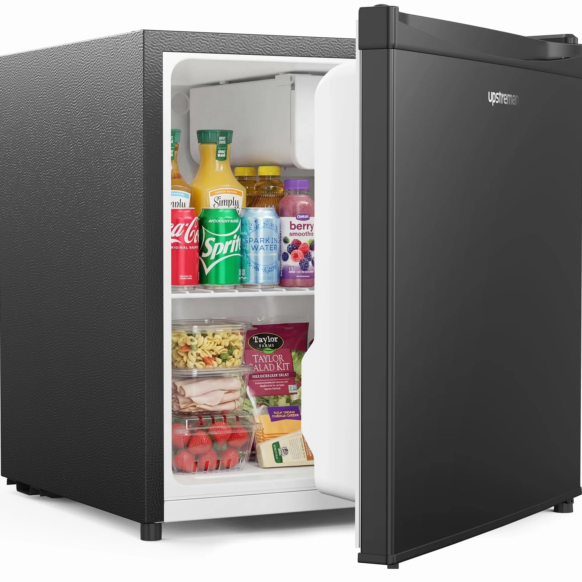 Upstreman 46L Mini Nevera con Congelador, 1℃-8℃ Termostato Ajustable, Ahorro de Energía, Silencioso, Minibar para Dormitorio, Oficina, Hotel, FR17- negro brillante