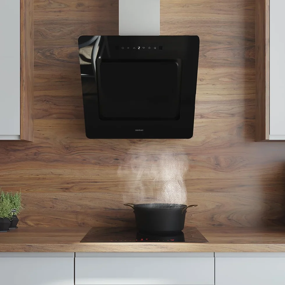 Cecotec Campana Extractora Decorativa 60 cm Bolero Flux DT 608002 Glass Black A++, 210W, Iluminación LED, Succión 800m3/h, Control Táctil, 3 Niveles, Filtro Carbono, Hand Movement, Delay Function