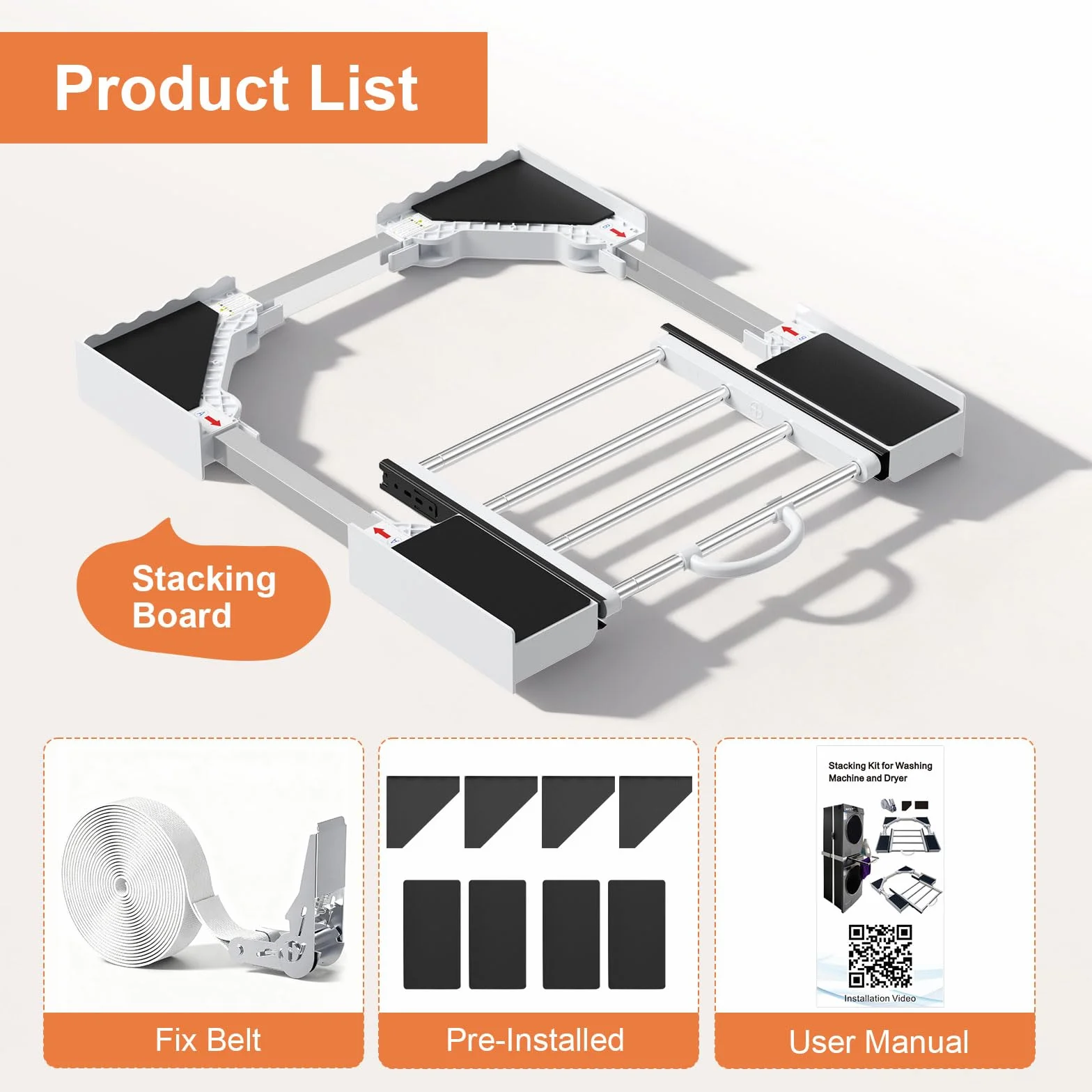 Kit universal de unión para lavadora y secadora con estante deslizante, kit universal de estanterías apiladas con trinquete y marco intermedio ajustable para lavadoras de 46-72 cm