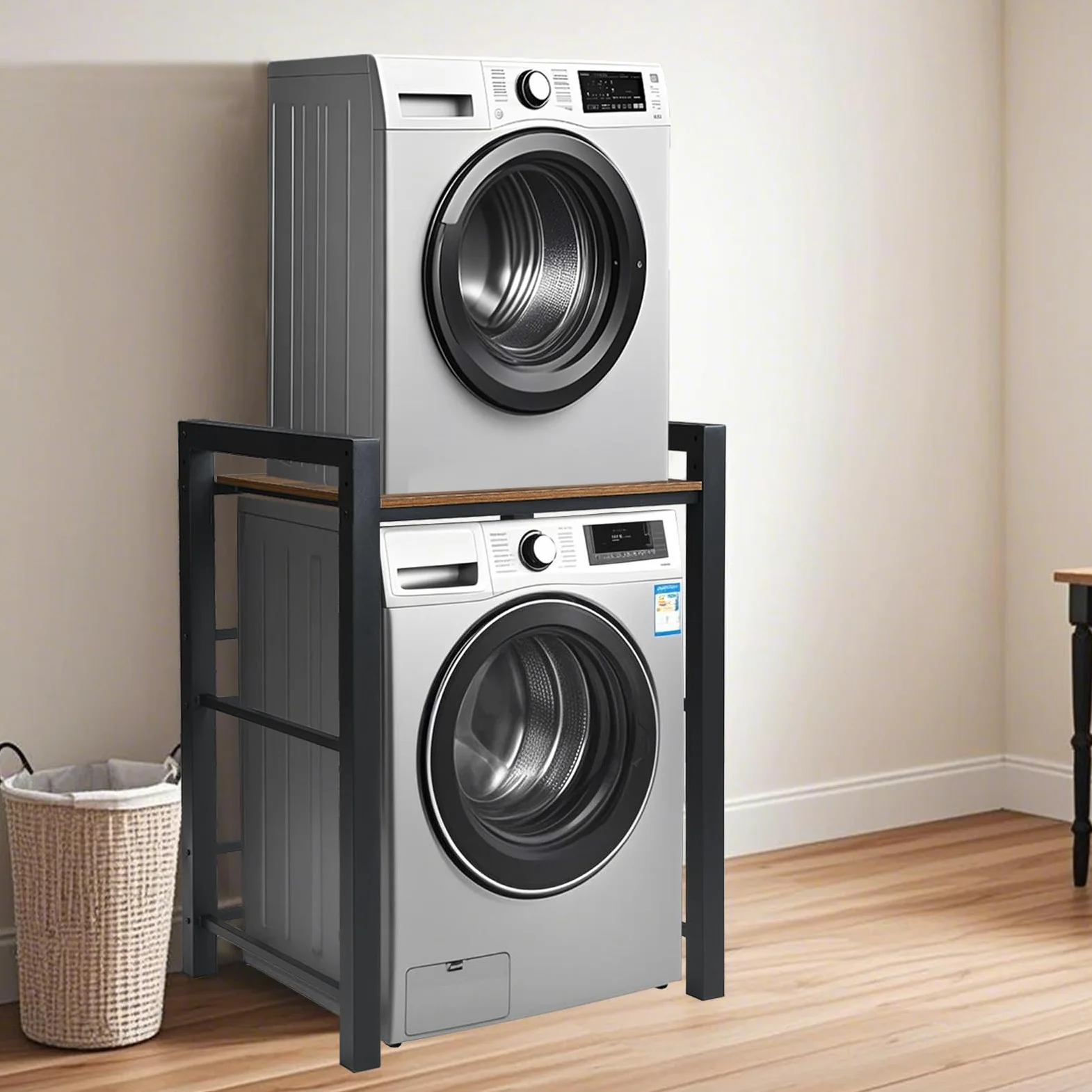 Mueble para Lavadora y Secadora, Soporte Estanteria Torre Lavadora Secadora, Kit de Apilado, Capacidad de Carga 350kg, 75 * 65 * 104cm Negro
