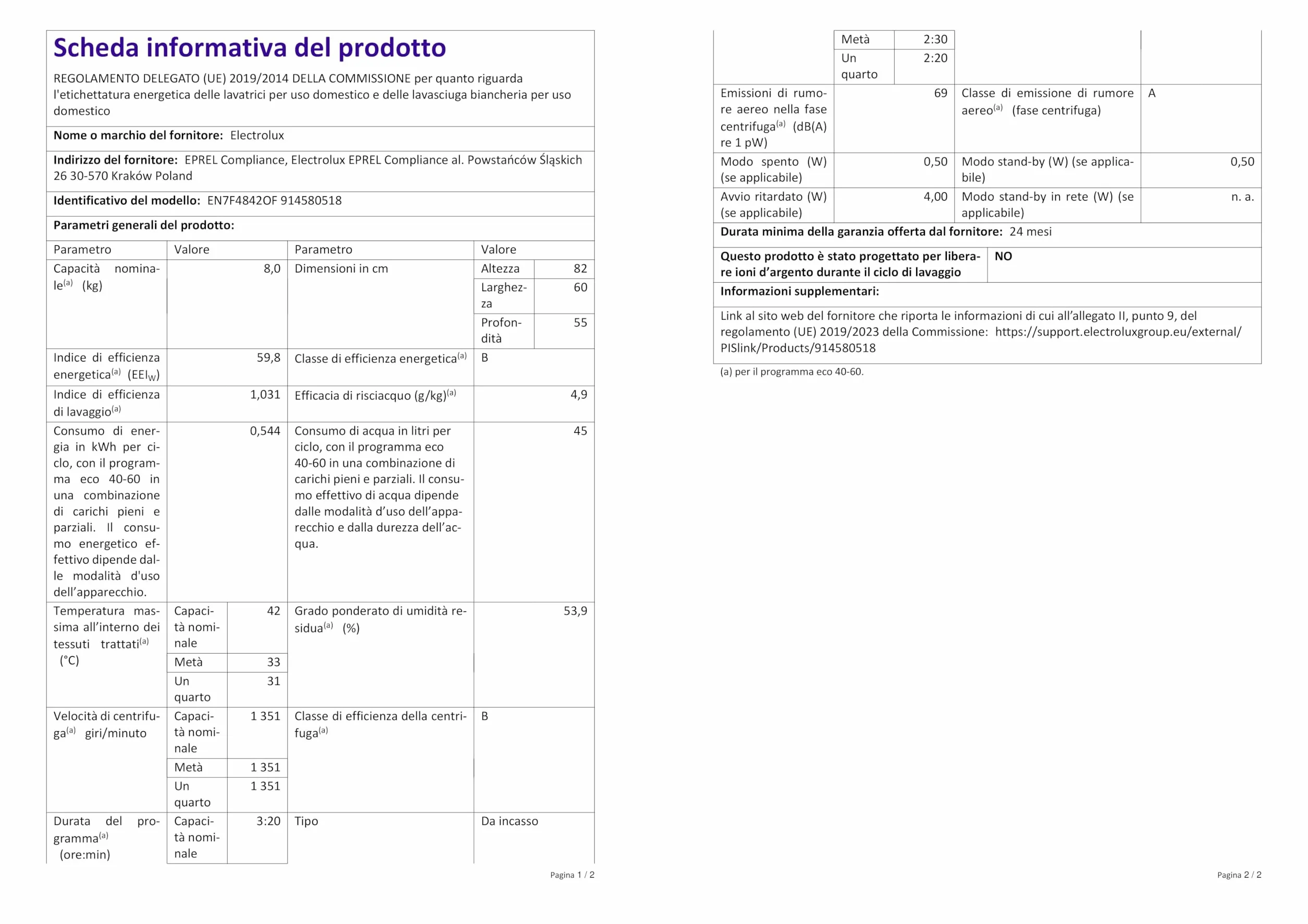 Electrolux EN7F4842OF Lavadora Integrable 8 kg, 1400 rpm, SteamCare con Vapor FreshScent, SensiCare, Time Manager, Display XL LCD, Motor Inverter, Programa Rápido, Certificado Woolmark Blue, Clase B