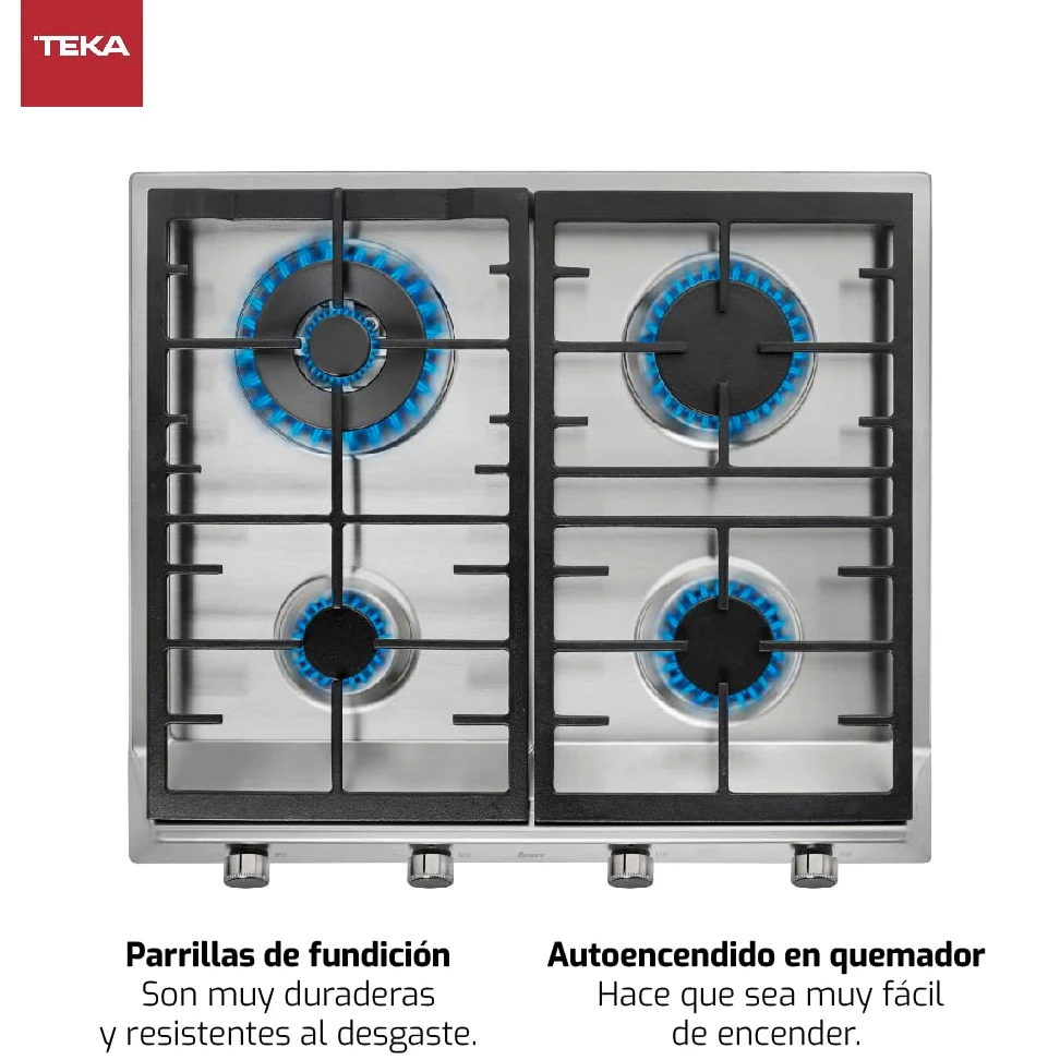 TEKA Placa de Gas 60 cm, 4 Quemadores Alta Eficiencia, Parrillas de Fundición, Doble Anillo, Mandos Frontales Metalizados, Autoencendido, Seguridad Termopar, EX 60.1 4G AI AL DR CI NAT