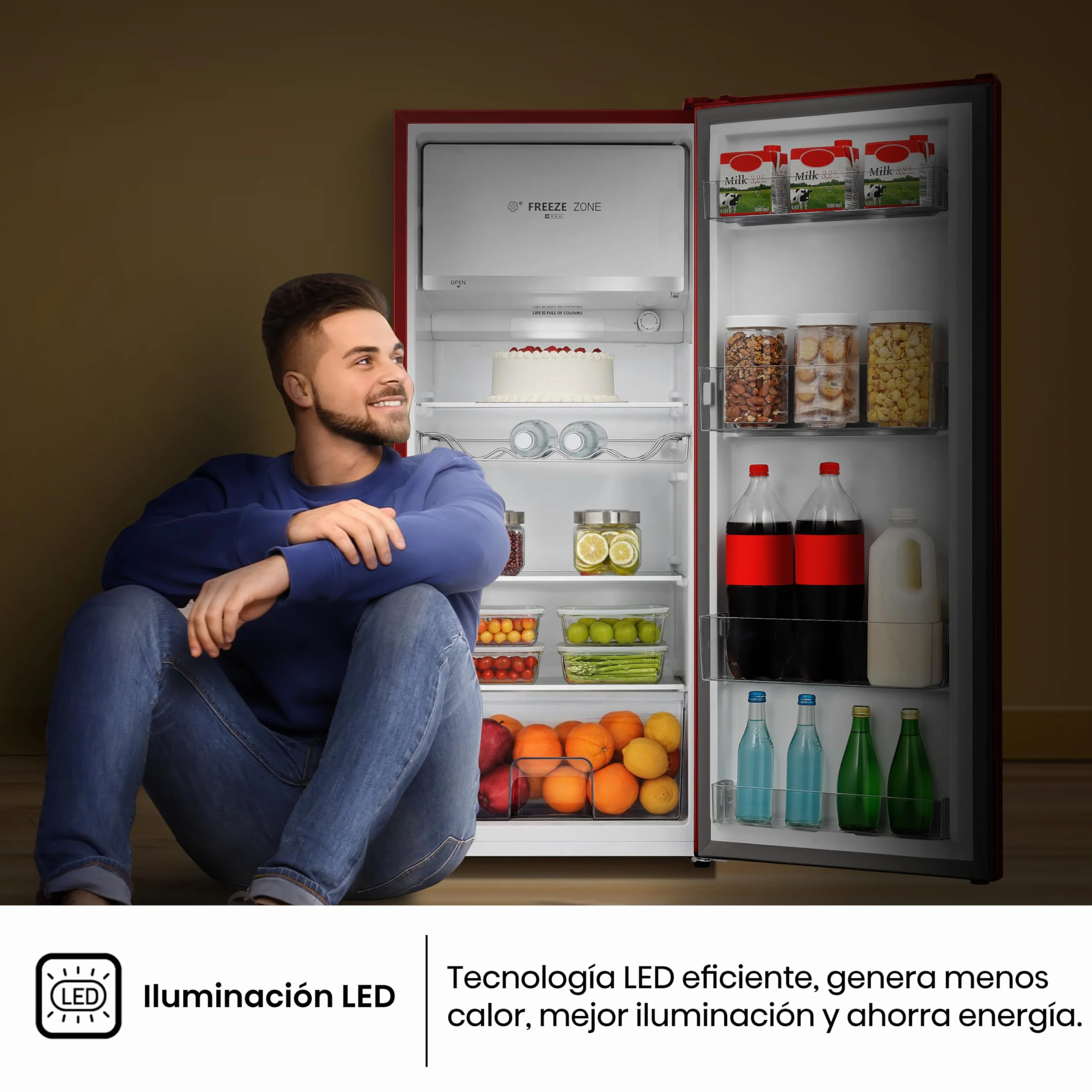 Hisense RR220D4BRE - Frigorífico Una Puerta, Congelador Freeze Zone, 165 L de capacidad, 128 cm alto, Class E, Botellero, Cycle Defrost (Cíclico), Cajón Frutas Y Verduras, Color Rojo