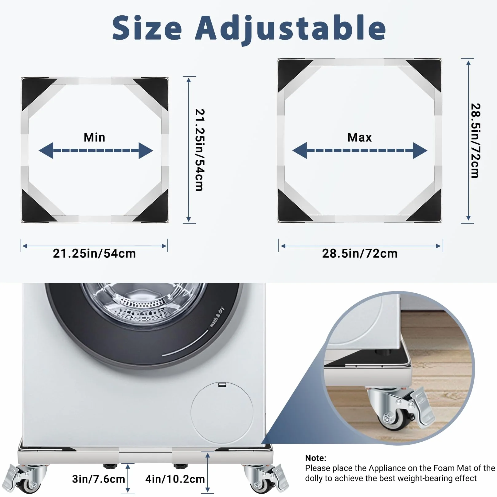 W B D WEIBIDA Acero Inoxidable Resistente Base para Lavadora con 4 Ruedas de Bloqueo, Capacidad 300KG Alta dureza Soporte Lavadora Secadora Ajustable de 54-72cm, Plataforma con Ruedas para Nevera