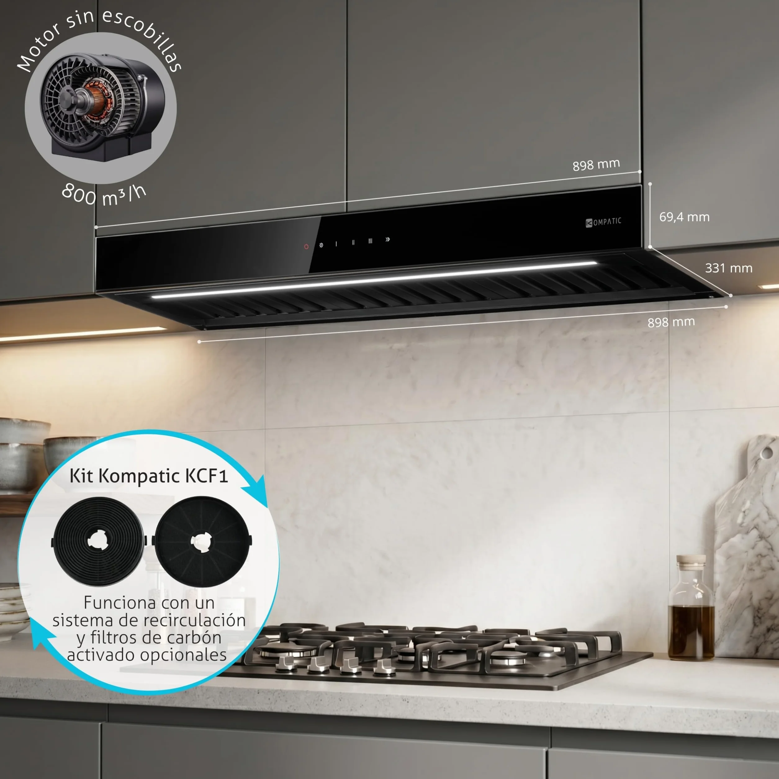 Campana extractora integrable Kompatic Riva 90 KRV90BI, 90 cm, motor brushless 800 m³/h, clase A+++, control táctil, Boost/Super Boost, negro mate.