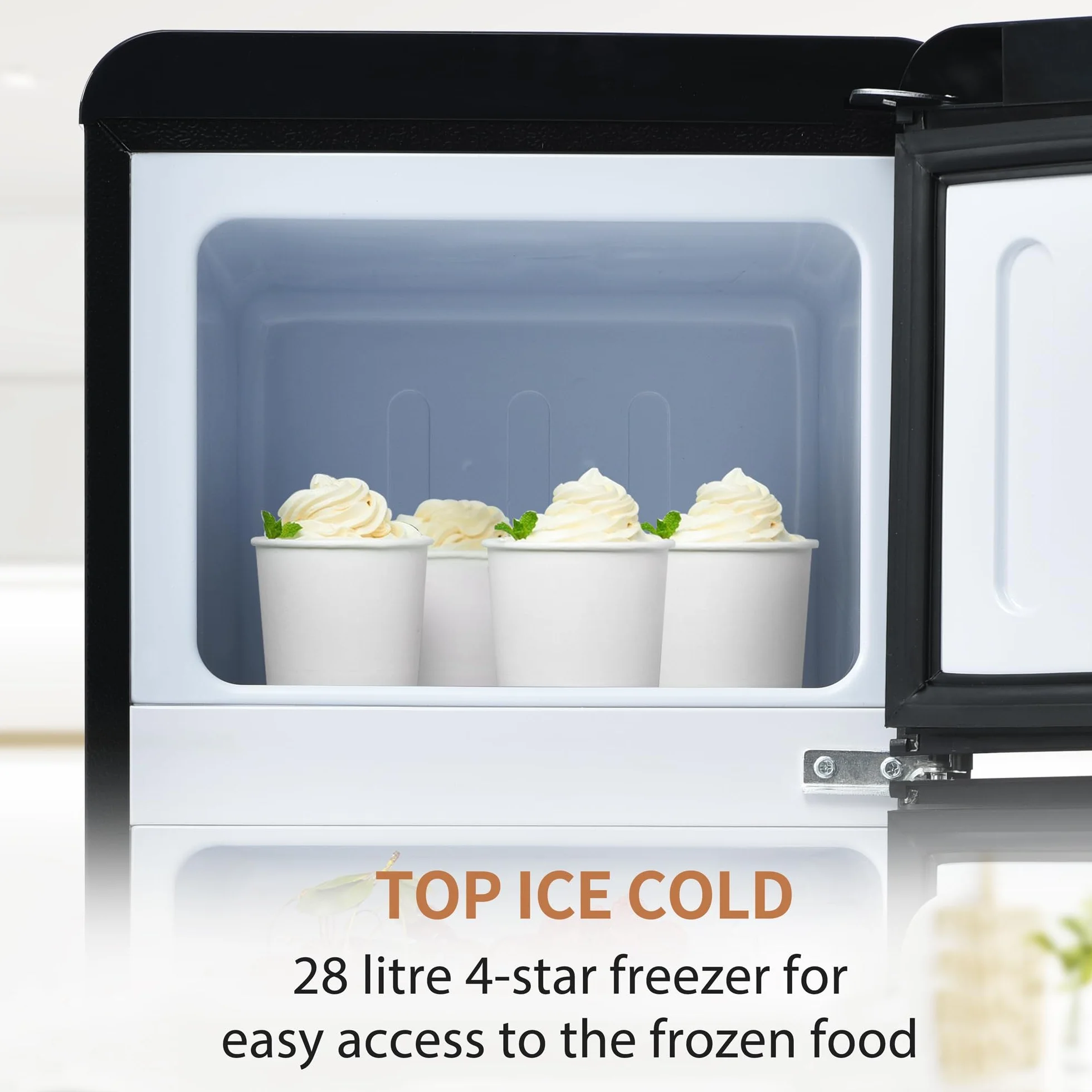 Frigorífico Mini 92L, Frigorifico Pequeño con Congelador (28L+64L), Frigorifico Combi con LED, 105,5x41x45,5 cm Frigorífico no Frost con 2 Estantes Ajustables, 116 kWh/año, -27°C∽13°C (Black)