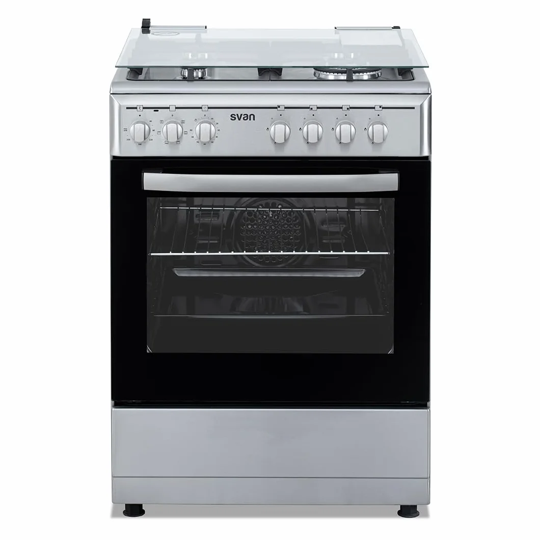 Svan Cocina Mixta Gas Butano, 4 Zonas de Cocción, Horno 56 L, Inox, SKMW4601X. Control Manual, Quemador WOK Triple Llama, 6 Programas de Cocción, Compartimento Bombona, Cristal en Puerta Doble Capa, T