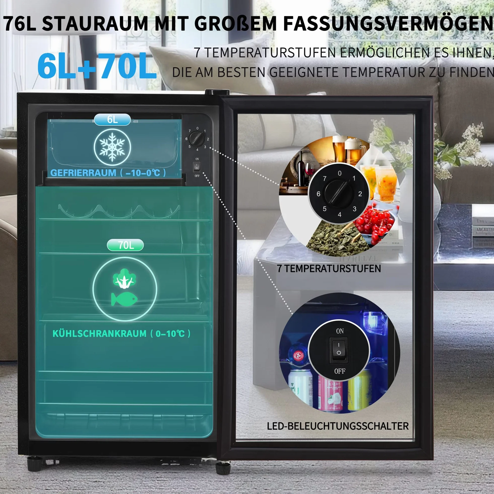Merax Frigorífico Mini 76L, Freestanding Enfriador de bebidas con refrigerador de 70L + congelador de 6L, con iluminación interior LED y estantes ajustables, súper silencioso para restaurante bar