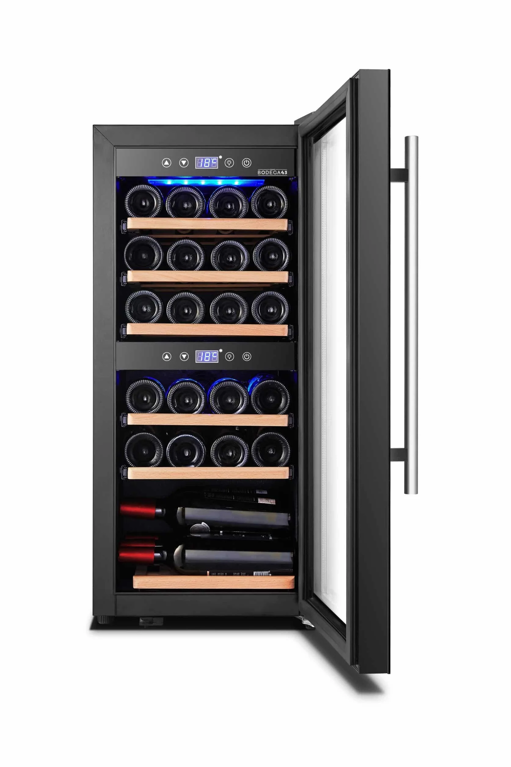 BODEGA43-24 Vinoteca - Vinotce 2 temperaturas, 5-20 ºC, 80 litros, Vinoteca 24 botellas, 6 estantes, puerta de cristal de diseño con panel táctil, bajo ruido (43 dB) y baja vibración, en negro