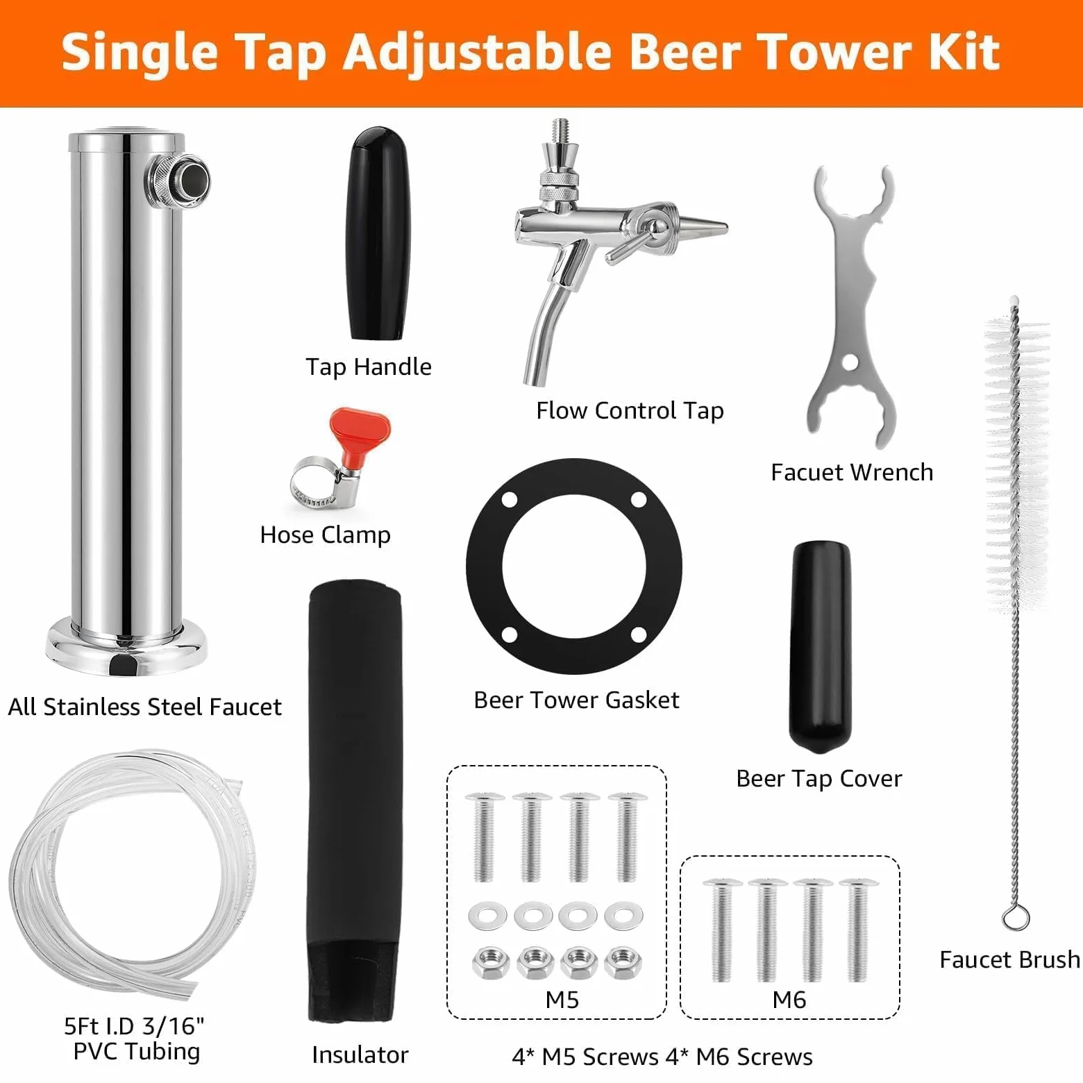 Torre Kegerator ajustable, piezas de Kegerator de un solo grifo | Control de flujo, grifo de cerveza de núcleo de acero inoxidable 304, incluye tubo premontado y resortes de cierre automático