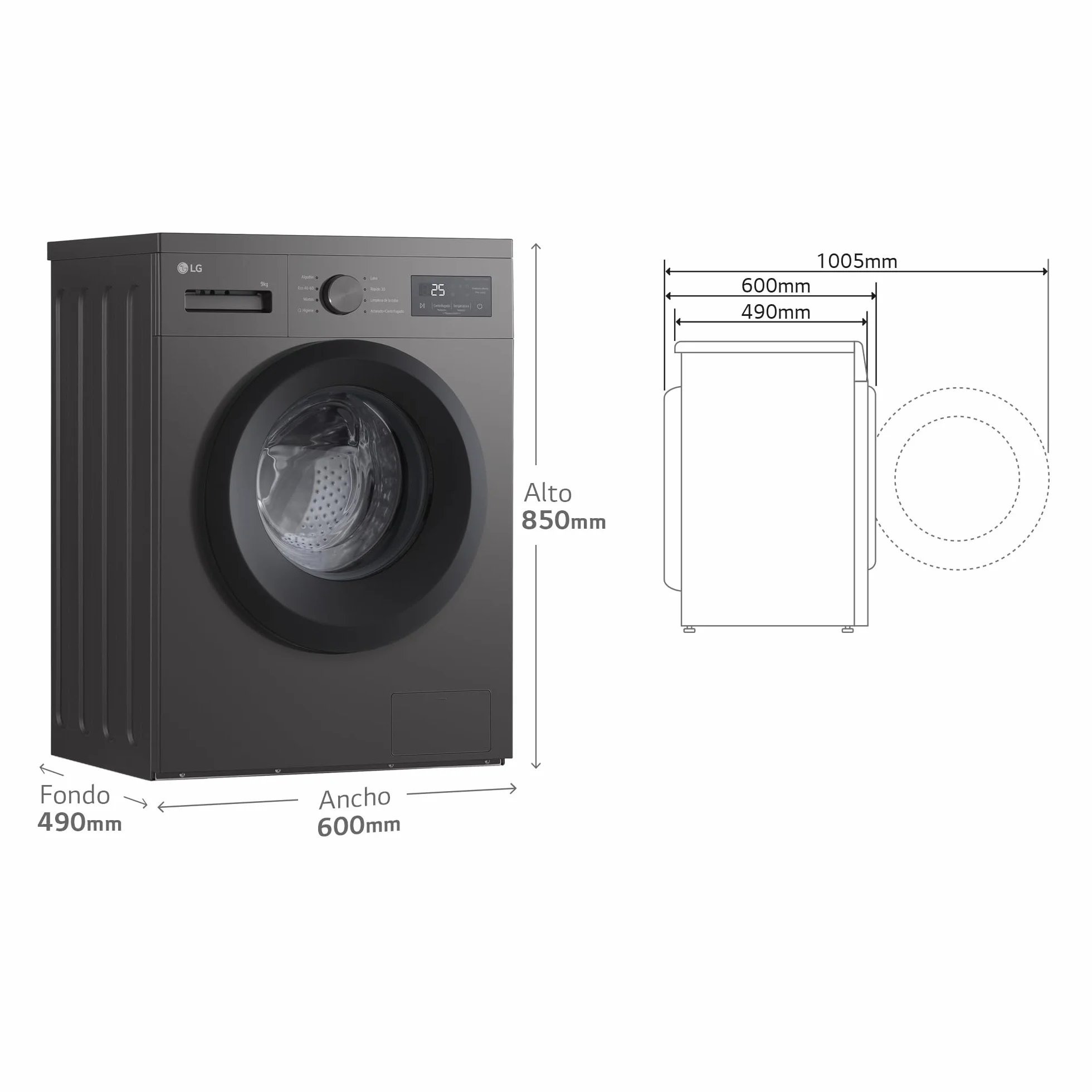 LG F4A1009NDK - Lavadora, 9 kg, 1400 rpm, Carga Frontal, 8 Programas, Programa Rápido y Programa Lavado a Mano, Fondo Especial Reducido, Display LED, Serie 100, Color Grafito