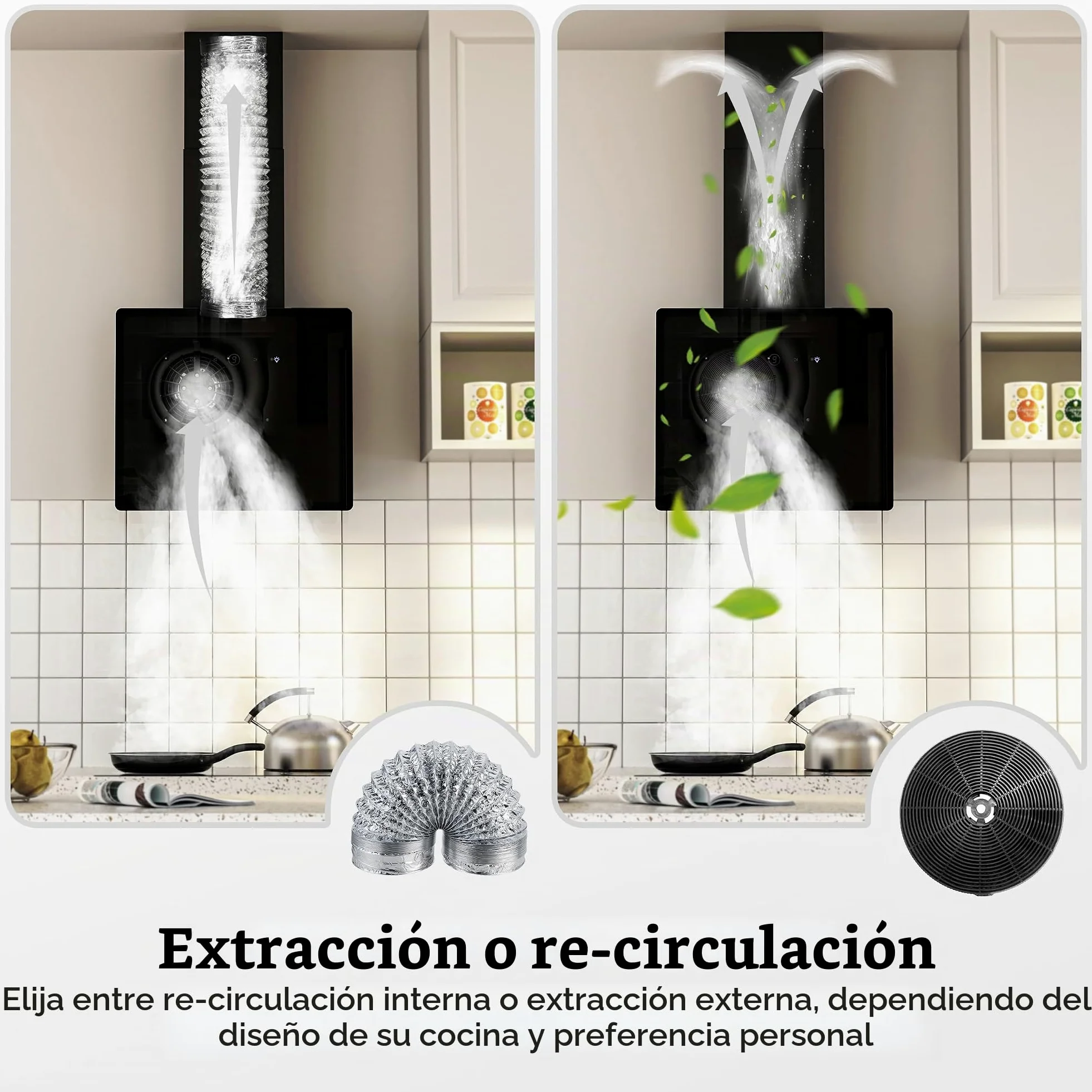 FIREGAS Campana Extractora de Pared con LED 60 cm, 487 m³/h, 9 Velocidades, Filtros de Carbón CC170, Ahorro Energético, Con Conducto, Negra