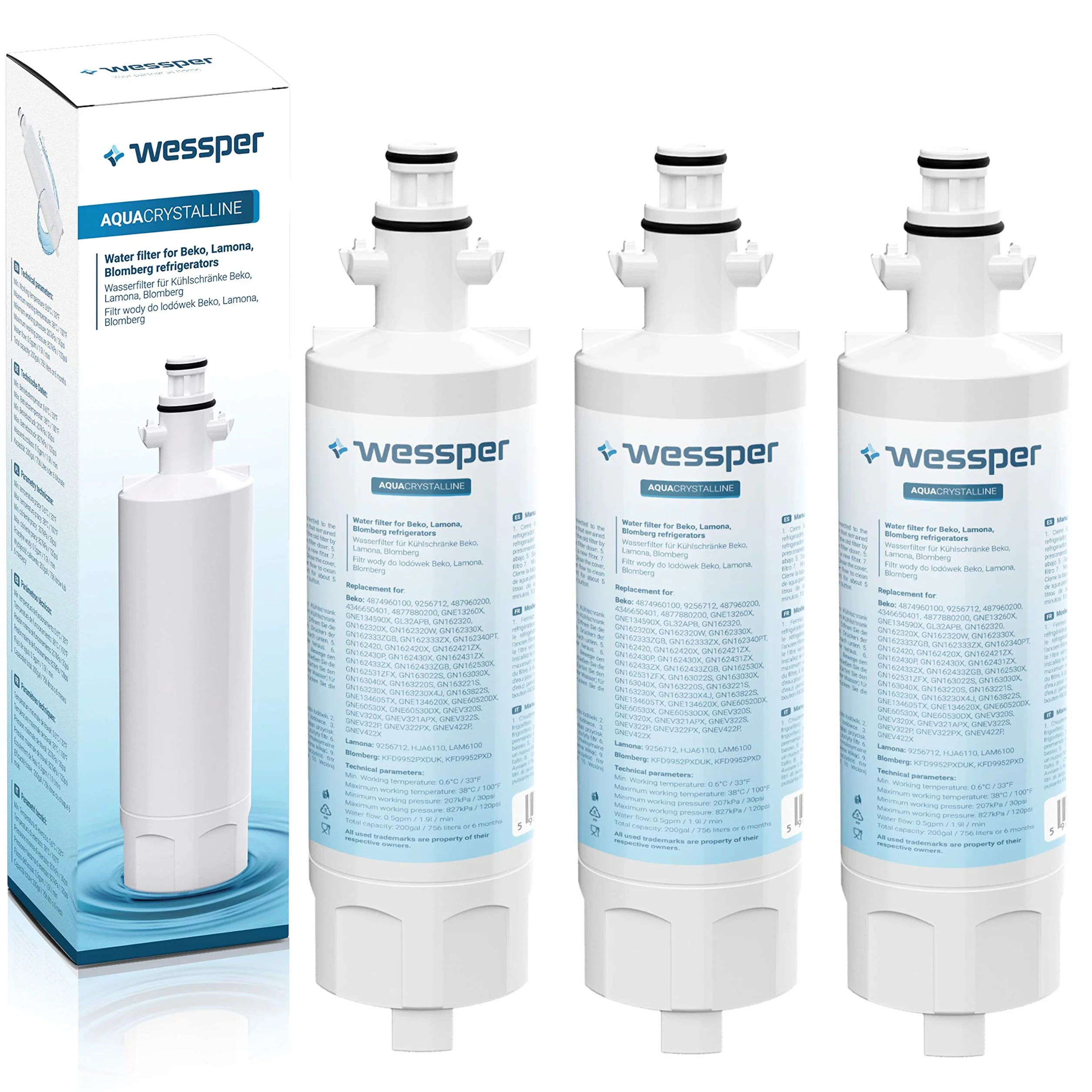 Wessper 3x 4874960100 Cartucho de Filtro de Agua para Nevera/frigorífico - Beko 4874960100, 4394650100, 9256712, SBS4K, GNE; Blomberg IWD1004ET; Grundig 487960000, GSN; Lamona LAM6100, HJA6110
