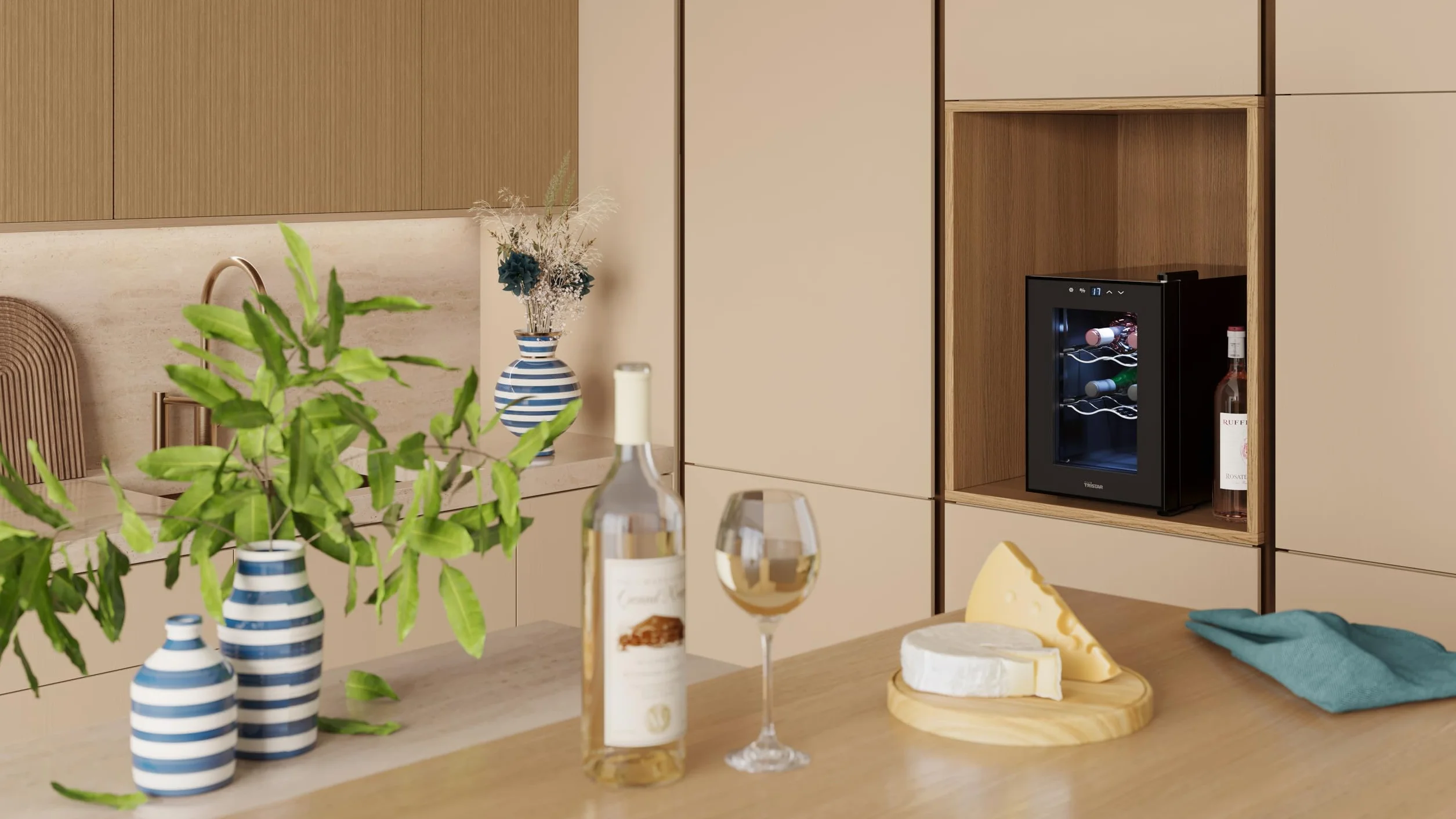 Tristar Vinoteca Grande Saignée – Para hasta 6 botellas – 17 L – Termoeléctrica – Puerta de cristal – Pantalla LED táctil – Luz interior – WR-7506 [Clase de eficiencia energética E]