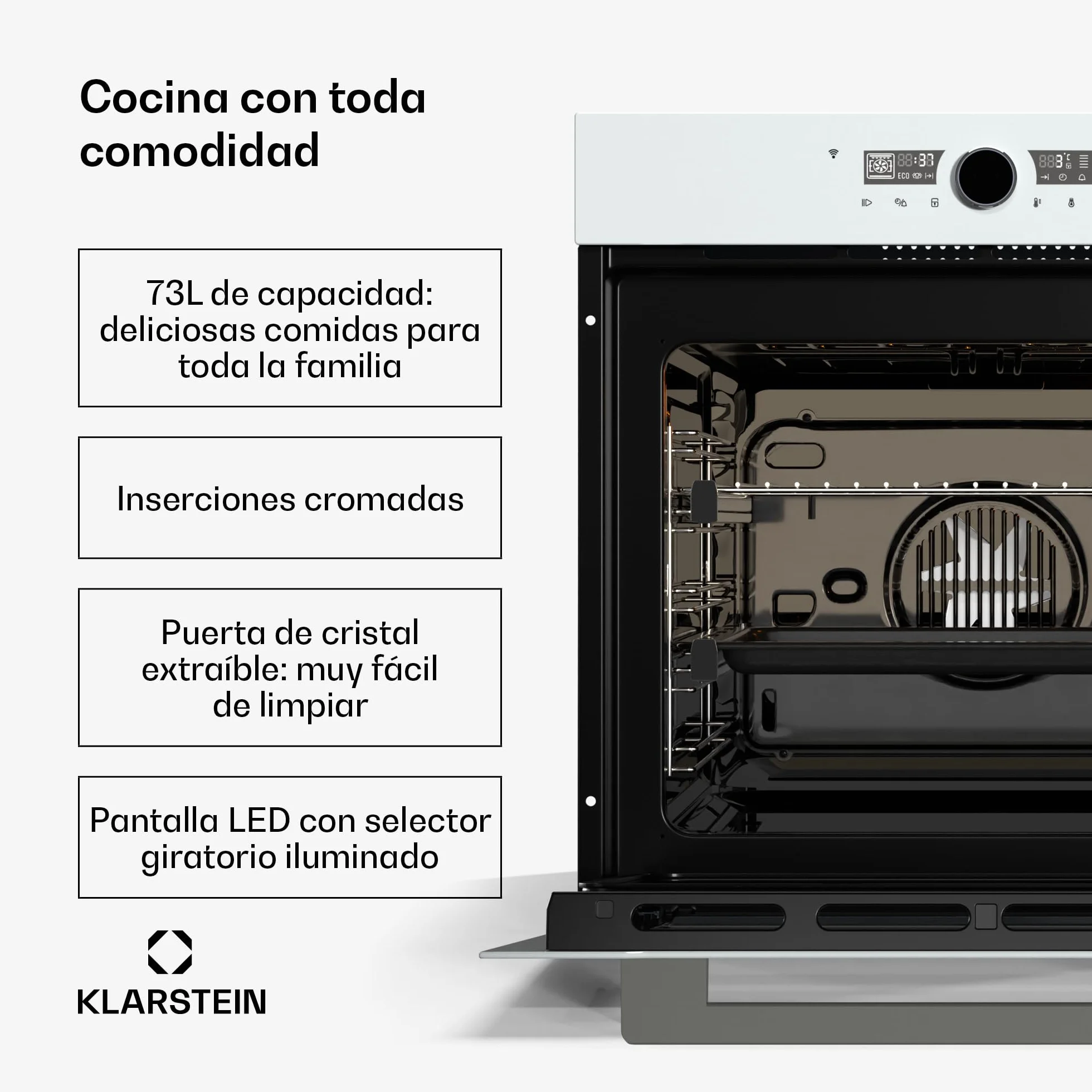 Klarstein Illuminosa Smart Horno Eléctrico Empotrable - 73L, 11 Funciones, Control Wifi, Eficiencia Energética A+, Puerta de Triple Acristalamiento, Horno Multifunción Integrable