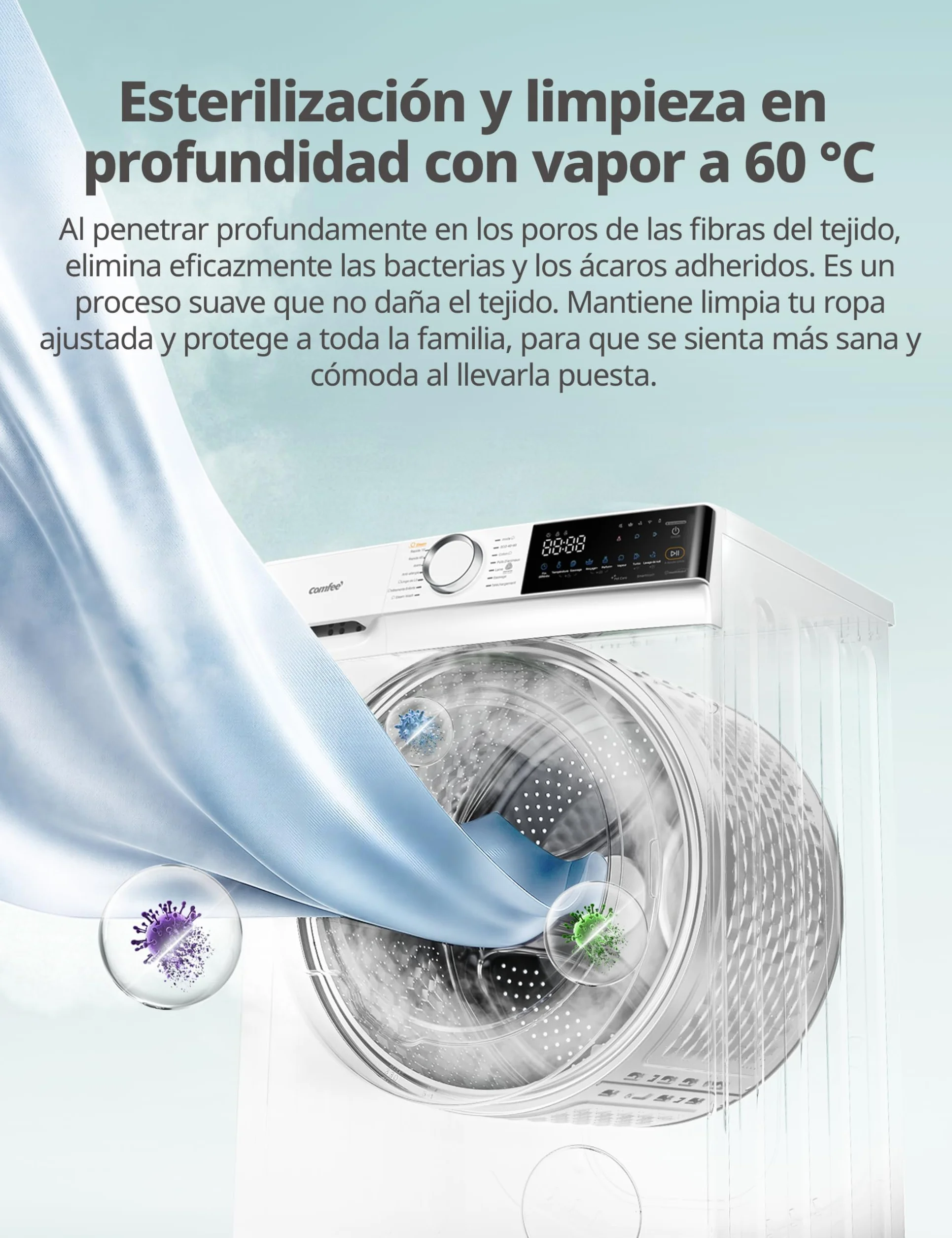 COMFEE' Lavadora 10kg 1400 RPM Clase A-30% 14 programas Control remoto