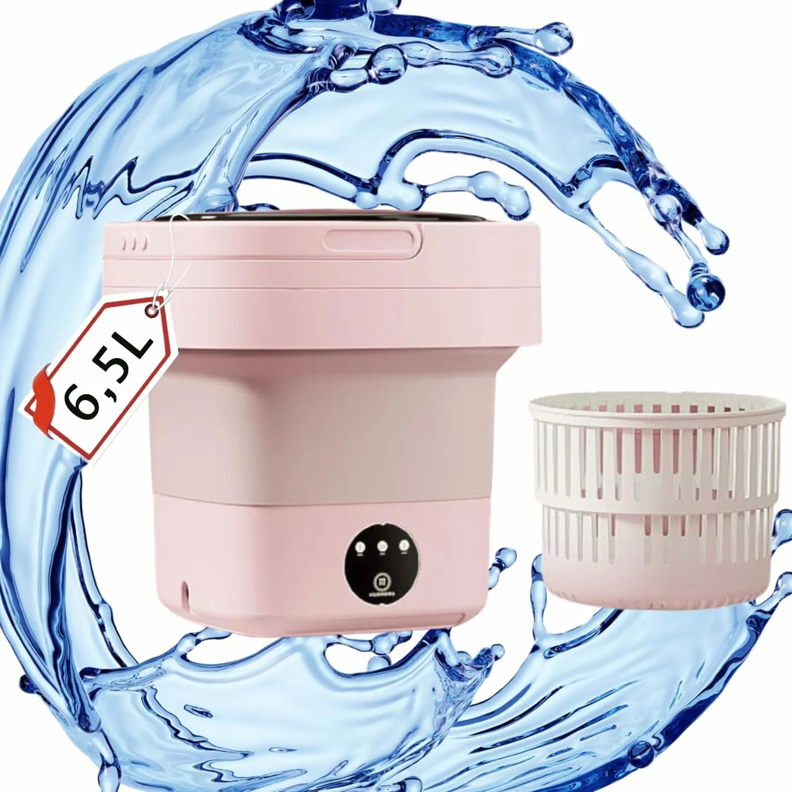 Mini lavadora portátil de 6,5 l, portátil, plegable, portátil, con secadora centrifugadora, suave y cubo para el hogar, dormitorio - enchufe europeo adaptado (rosa)