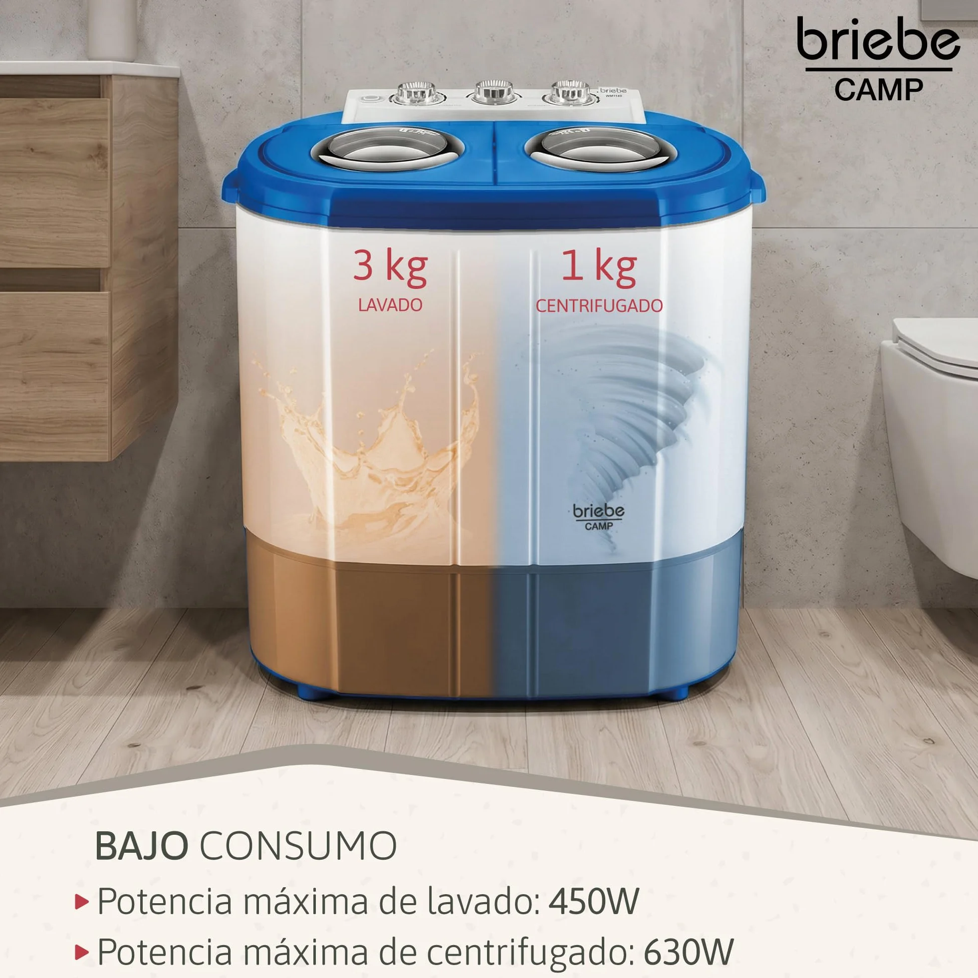 Camp Mini Lavadora Portátil con Centrifugado 3Kg Carga Superior Azul/Blanco