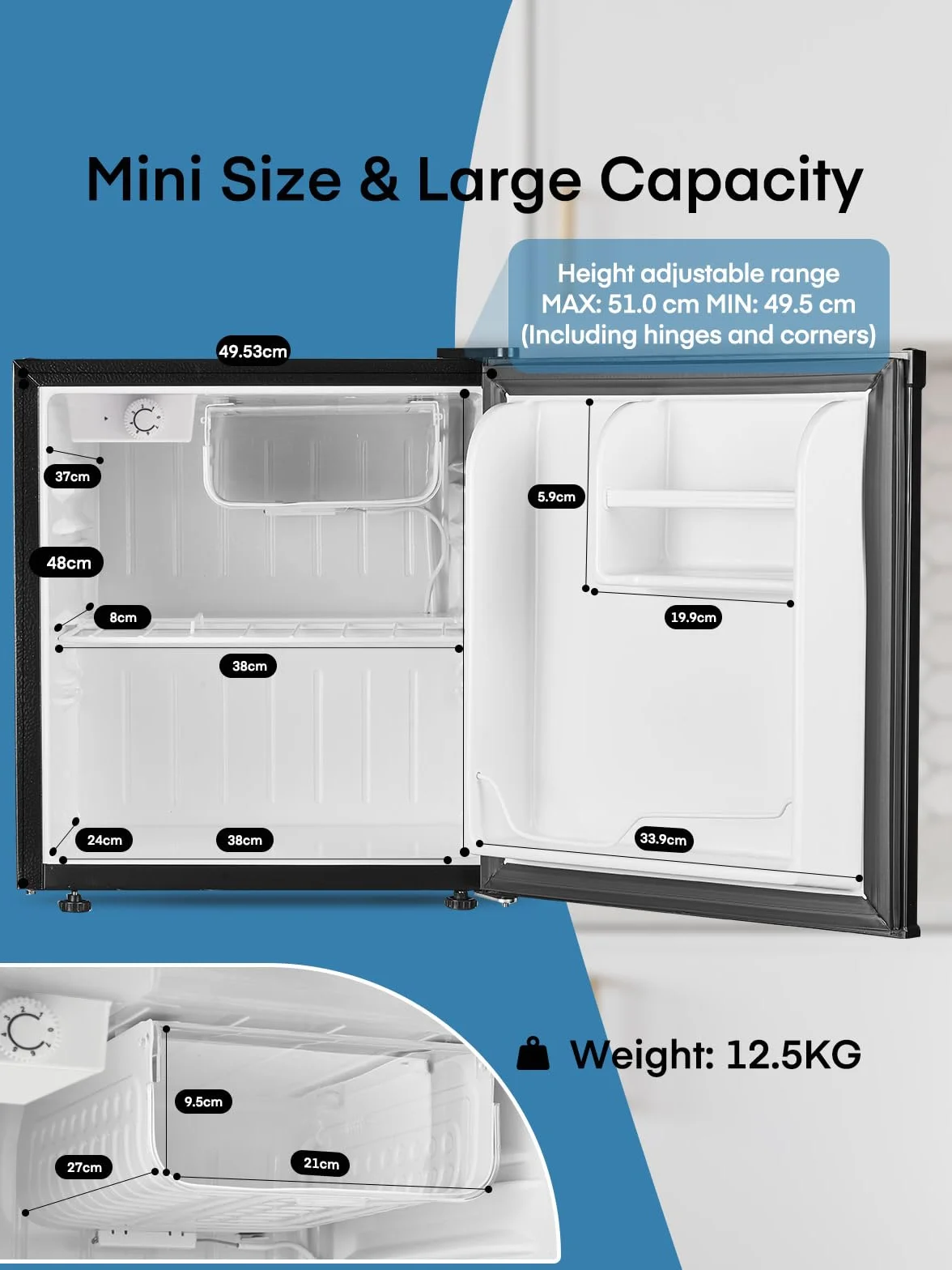 FOHERE Mini Frigorífico Bar 46L, Nevera Pequeña Silencioso, Control de Temperatura Regulable, Mono Puerta, Puerta Reversible, Bajo Consumo para Aplicaciones en Hotel, Hogar, Oficina, Negro