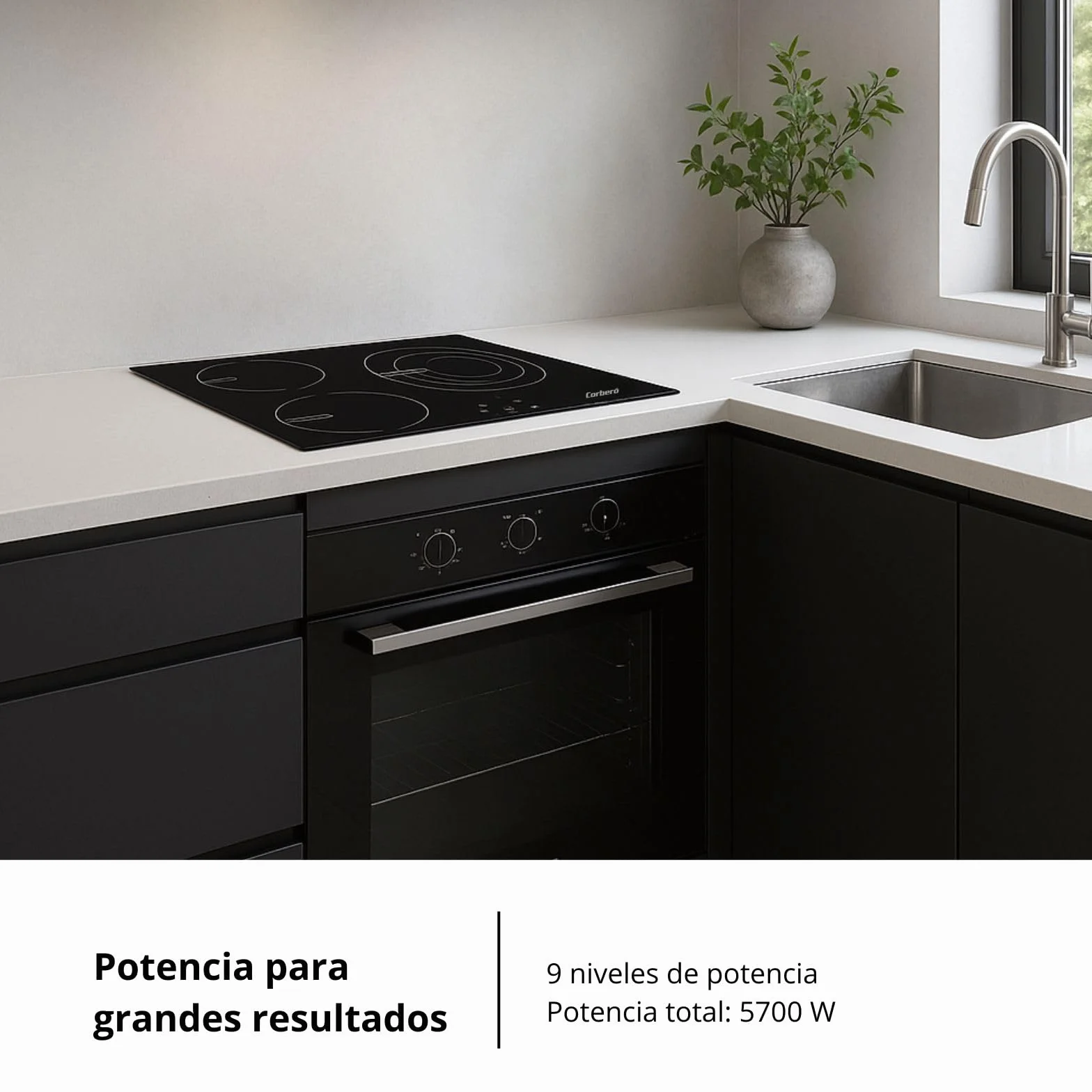 Corberó - Placa Vitrocerámica | CCVG3BL574 | 60 cm | 5700 W | 3 Zonas | Control Touch, Desconexión Automática, Bloqueo Infantil | Negro