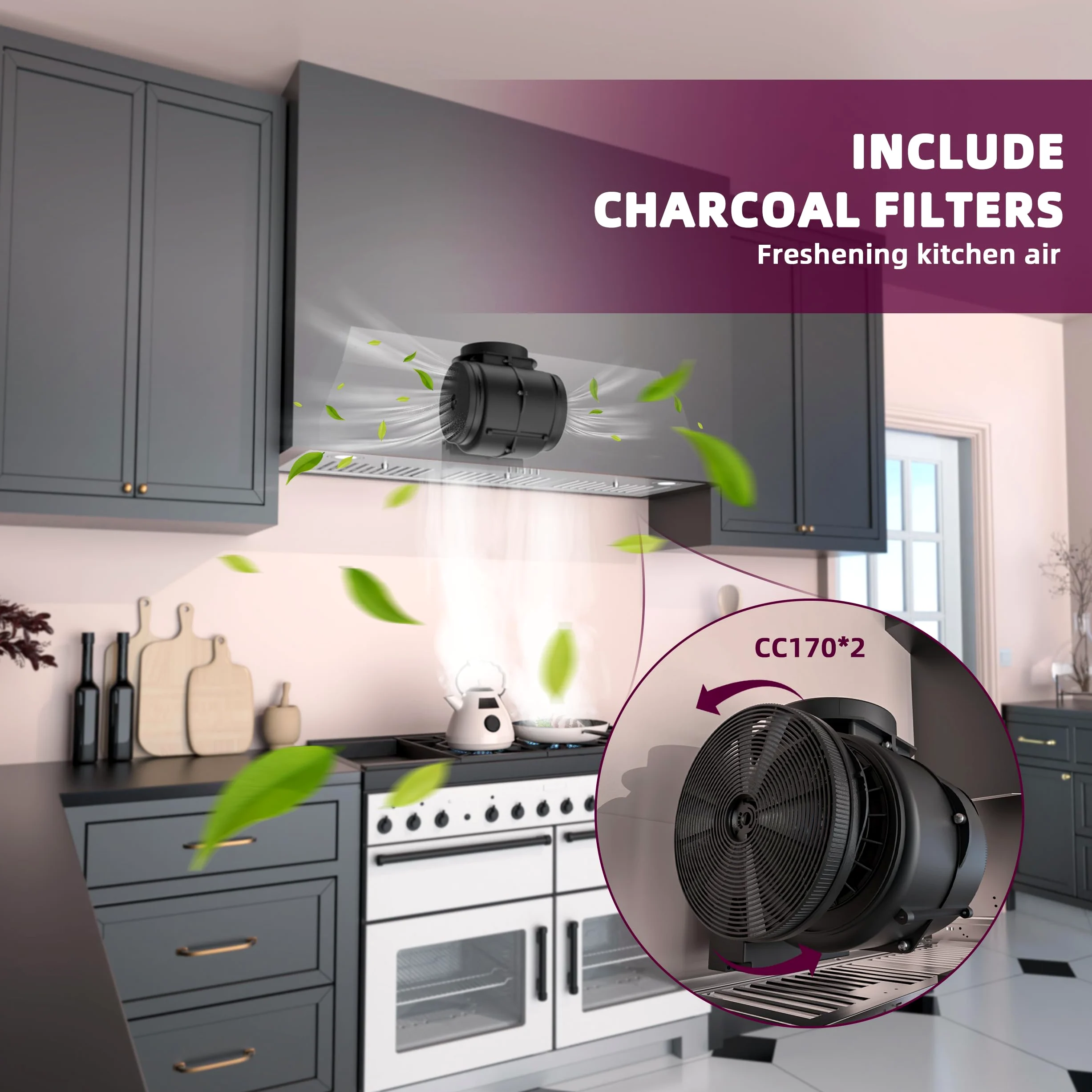 FIREGAS - Campana extractora de 36 pulgadas, campana de cocina integrada con 600 CFM, campana de ventilación convertible sin conductos, ventilación de acero inoxidable con botón de empuje, filtros