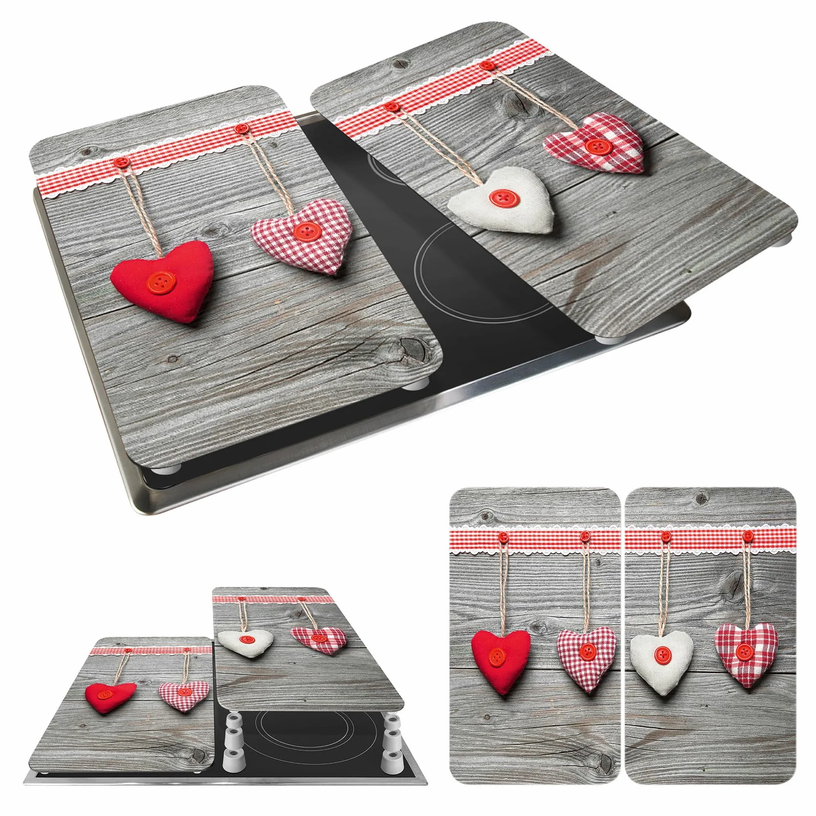 WENKO Placas protectoras para cocina Mod Corazones, ajustable en altura para todo tipo de cocinas, tabla de cortar y protector contra salpicaduras, vidrio, 30 x 52 cm, juego de 2