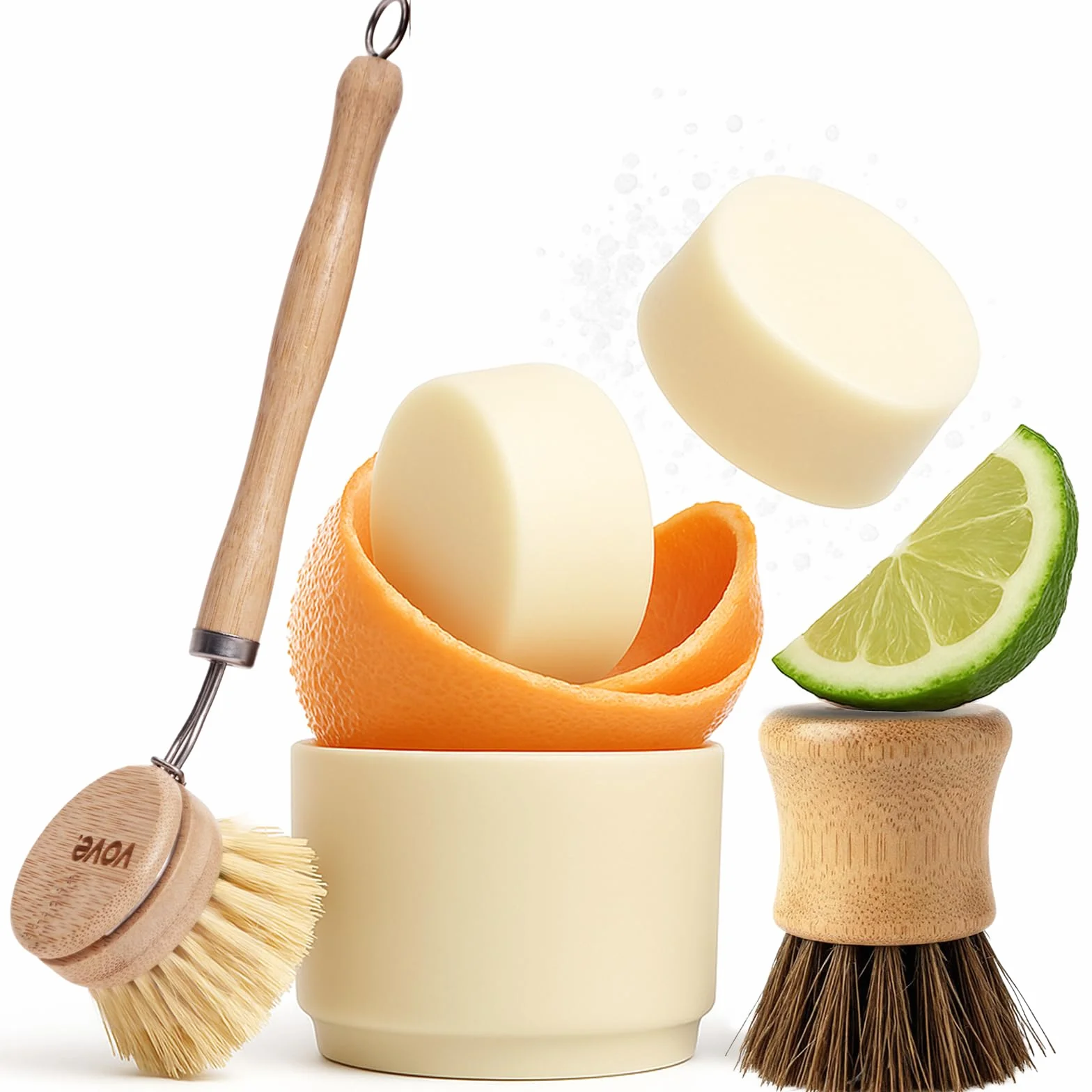 Vove | Paquete completo de lavavajillas ecológico | Cepillo para platos, cepillo para fregar, 3 esponjas y 30 tabletas para lavavajillas | Limpieza sostenible y biodegradable | Limpieza sostenible |