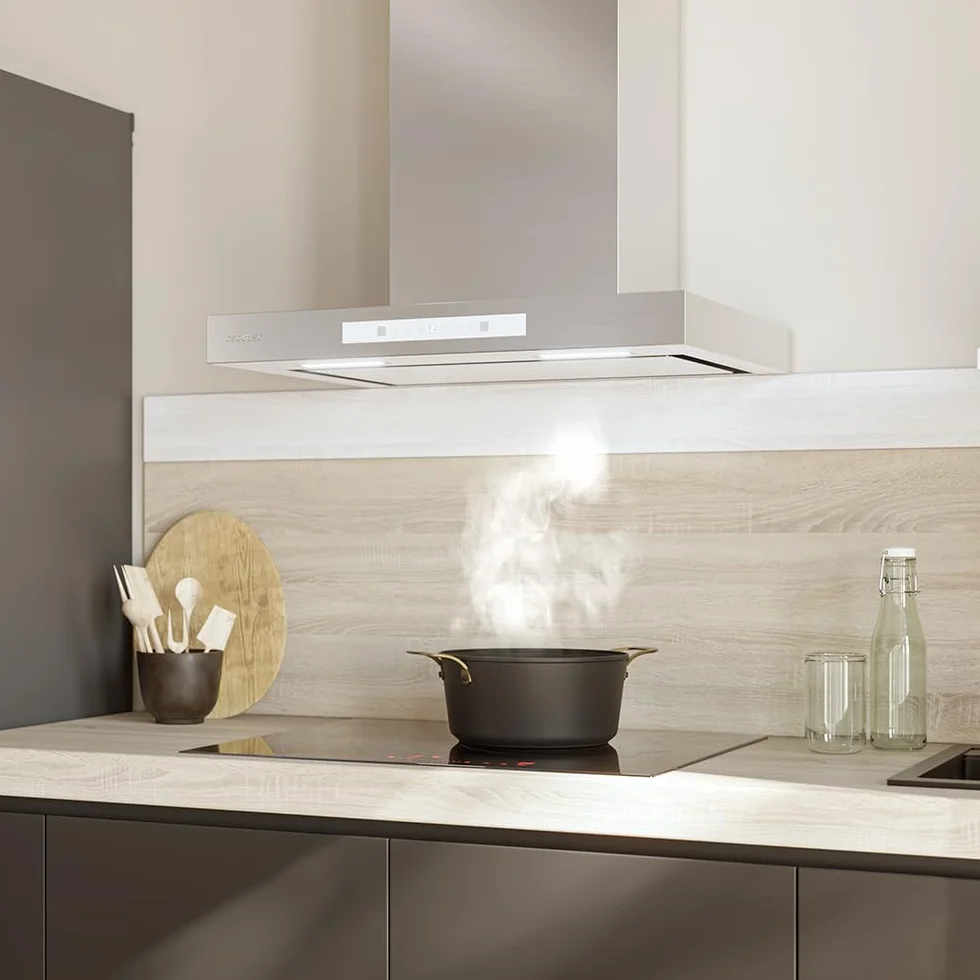 Cecotec Campana Extractora 60cm Tipo T Bolero Flux Tt 608000 Slim Glass White A++. Acabado Acero Inox Succión 800M3/H, Bajo Consumo, Display Táctil, Filtro Carbono, Hand Movement Control