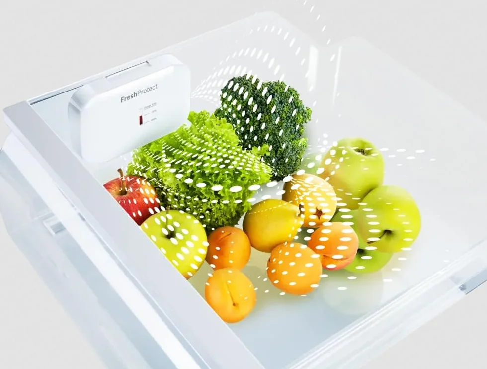Kit de arranque Fresh Protect con recarga y paño de microfibra – Filtro absorbente de gas etileno para frutas y verduras – Mantiene frescor en el frigorífico compatible con Bosch, Siemens Neff