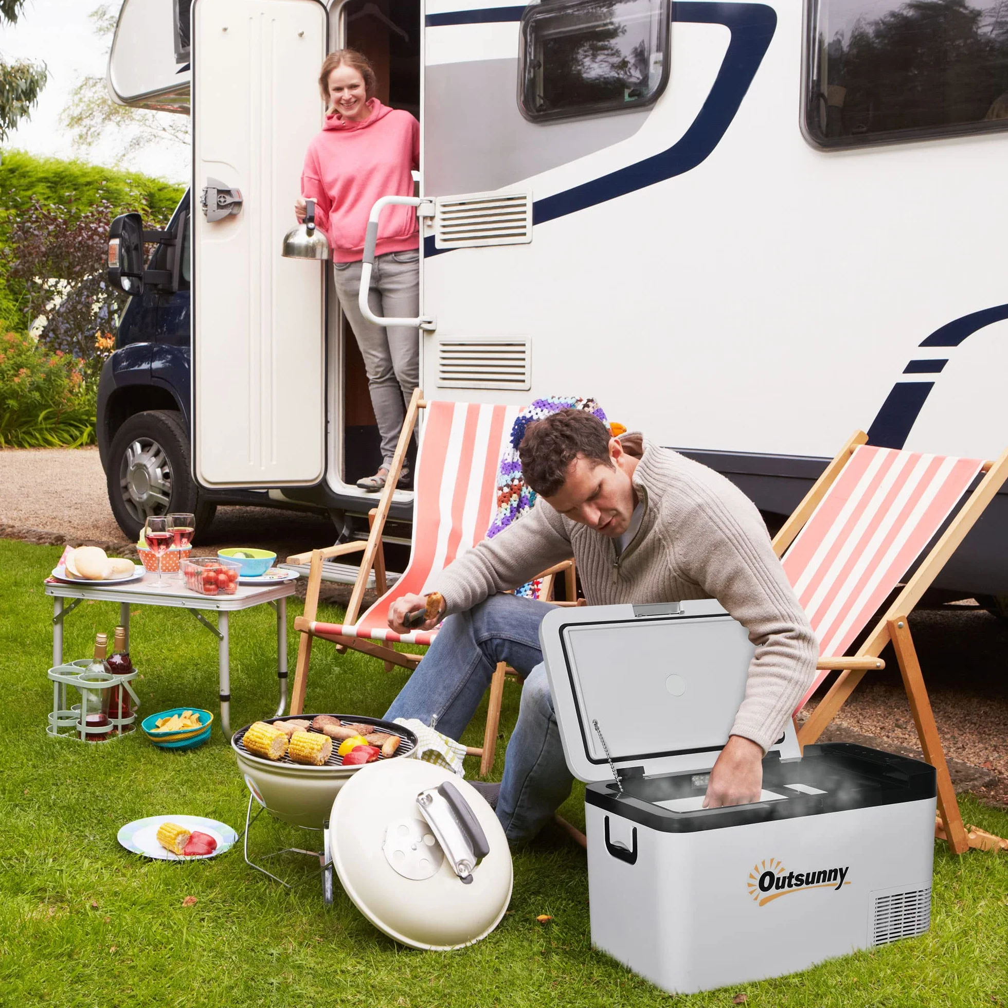 Outsunny Nevera Portátil Eléctrica 25L 12/24V hasta -20℃ Nevera y Congelador de Compresor para Coche con Luz LED y Asas Plegables Bajo Consumo Energético para Hogar Camping 58,5x33,5x35,2 cm Blanco