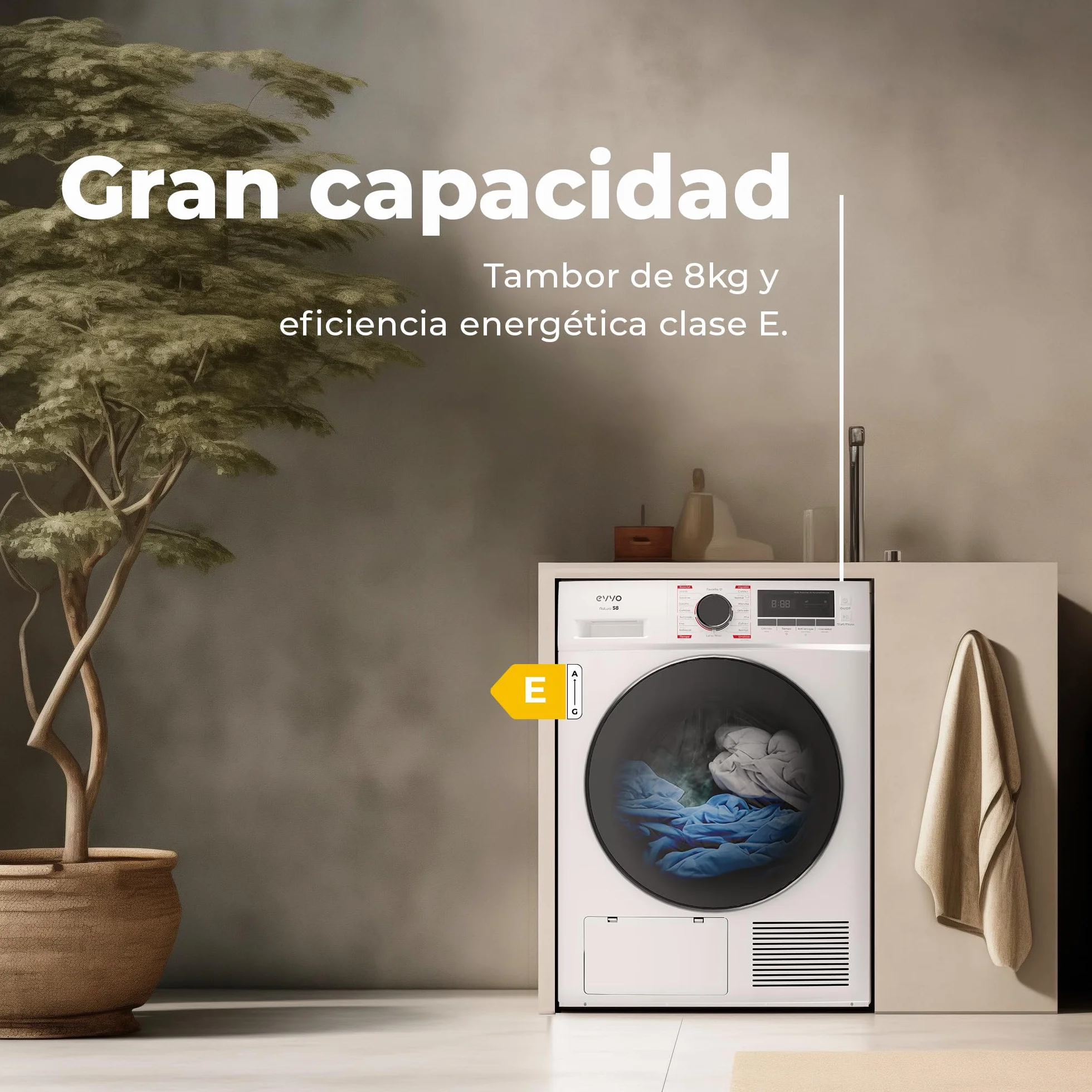 EVVO Secadora de Ropa Nature S8 E 8kg Bomba de Calor Sensor Humedad Antiarrugas Blanco