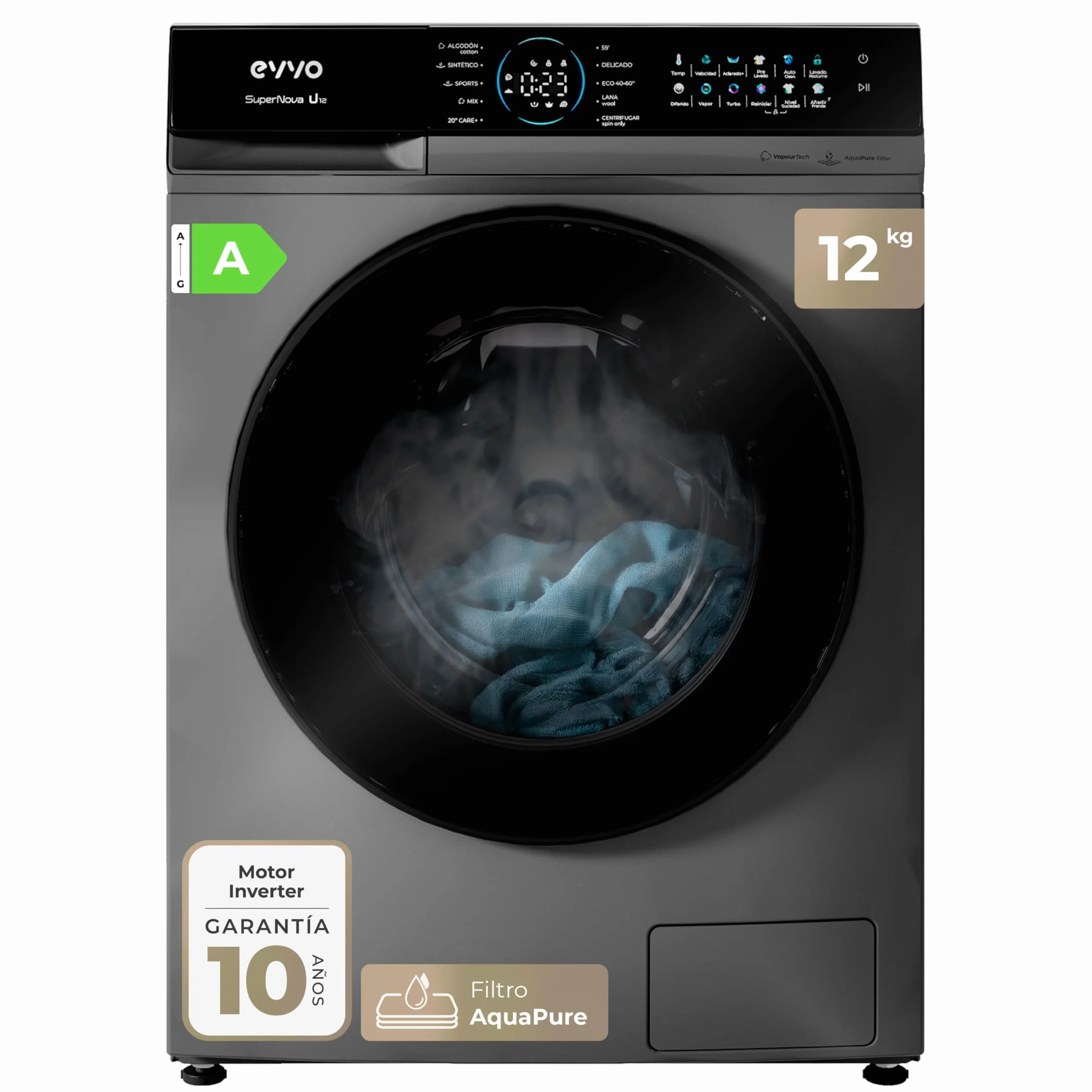 EVVO Lavadora carga frontal 12 kg Supernova, Eficiencia energética A, Motor Inverter, Panel Táctil Inox