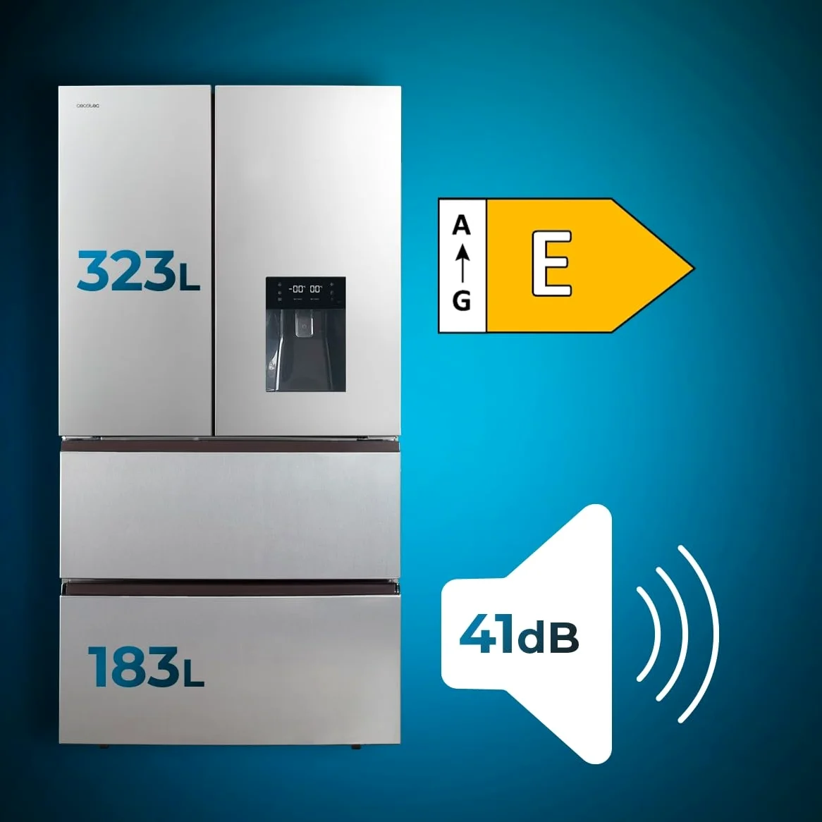 Cecotec Frigorífico Puerta Francesa Inox con Dispensador de Agua de 506L Bolero CoolMarket FD 510 WD Inox E. 183 cm de Alto, 84 cm de Ancho, Motor Inverter Plus, Bajo Consumo, Total NoFrost