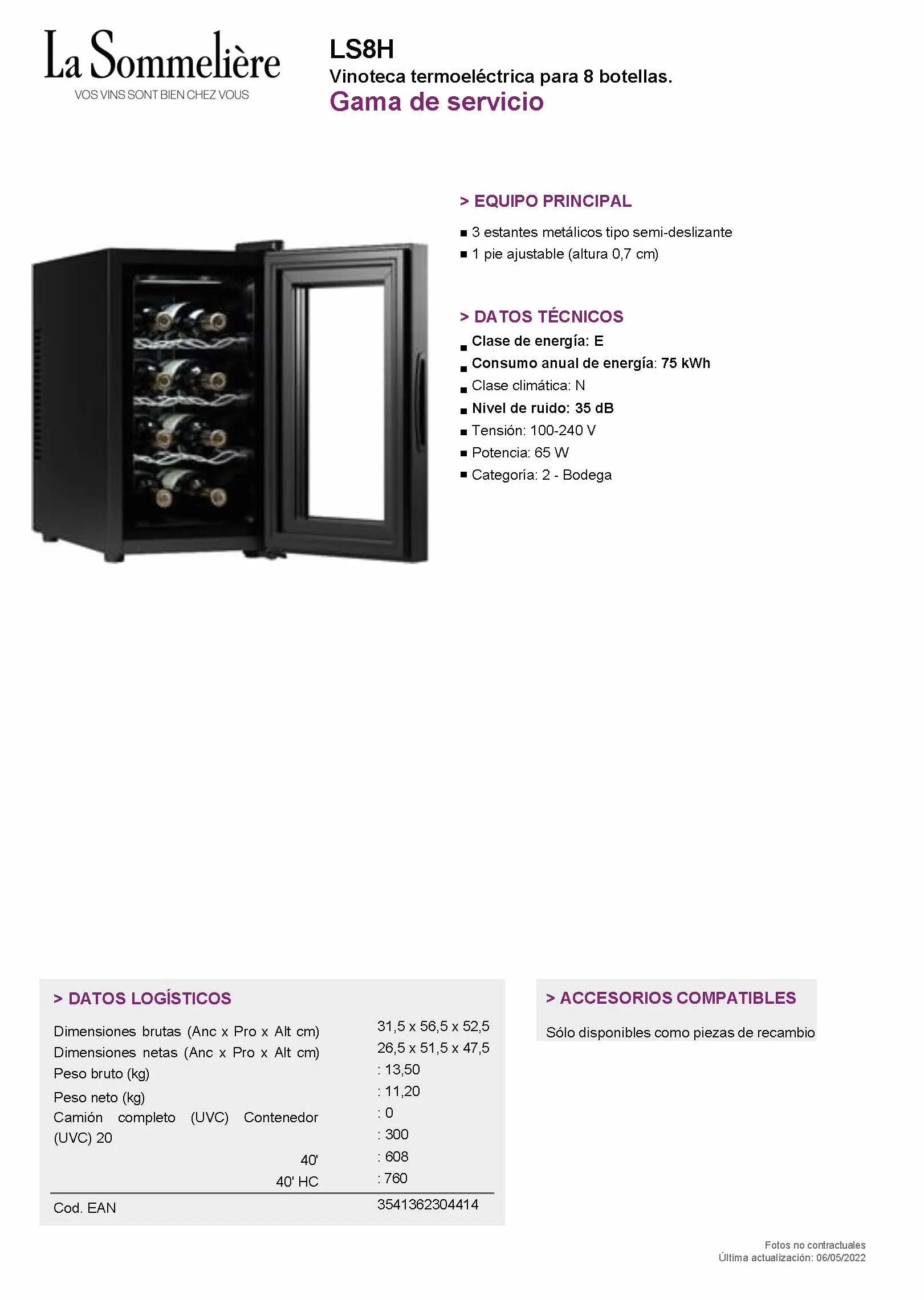LA SOMMELIERE LS8E Vinoteca para 8 Botellas Termoeléctrica - Muy silenciosa - Diseño Moderno y Compacto