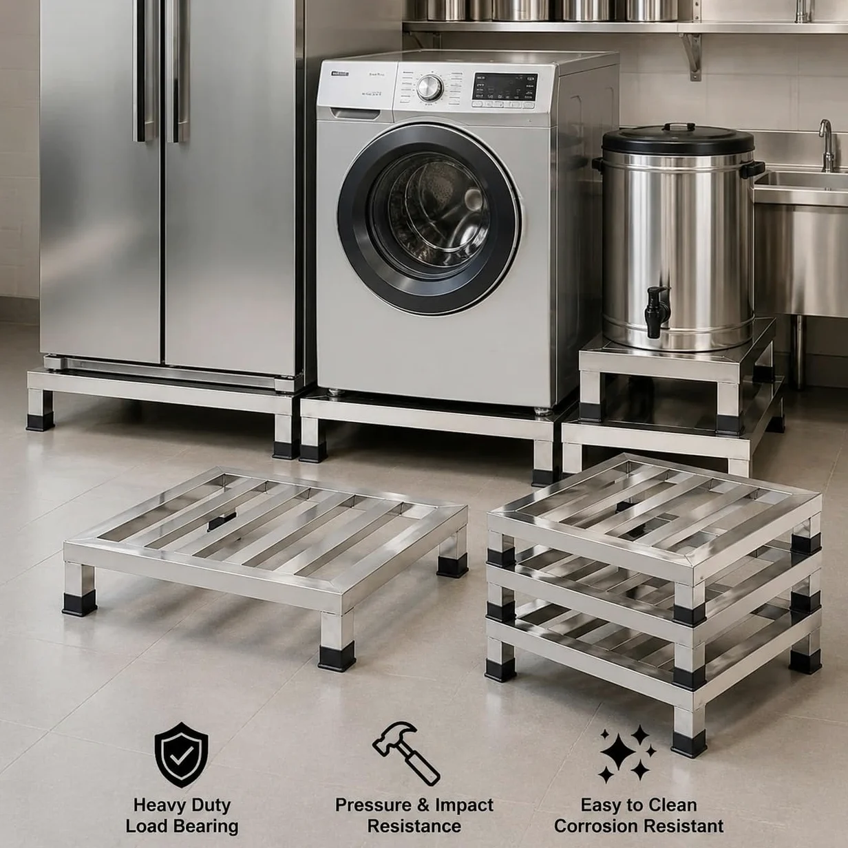 Soporte elevador de electrodomésticos de acero inoxidable resistente para refrigeradores y arandelas | Soportes de suelo, base de almacenamiento, diseño de paleta dividida para una fácil limpieza y flujo de aire, lavadora/nevera