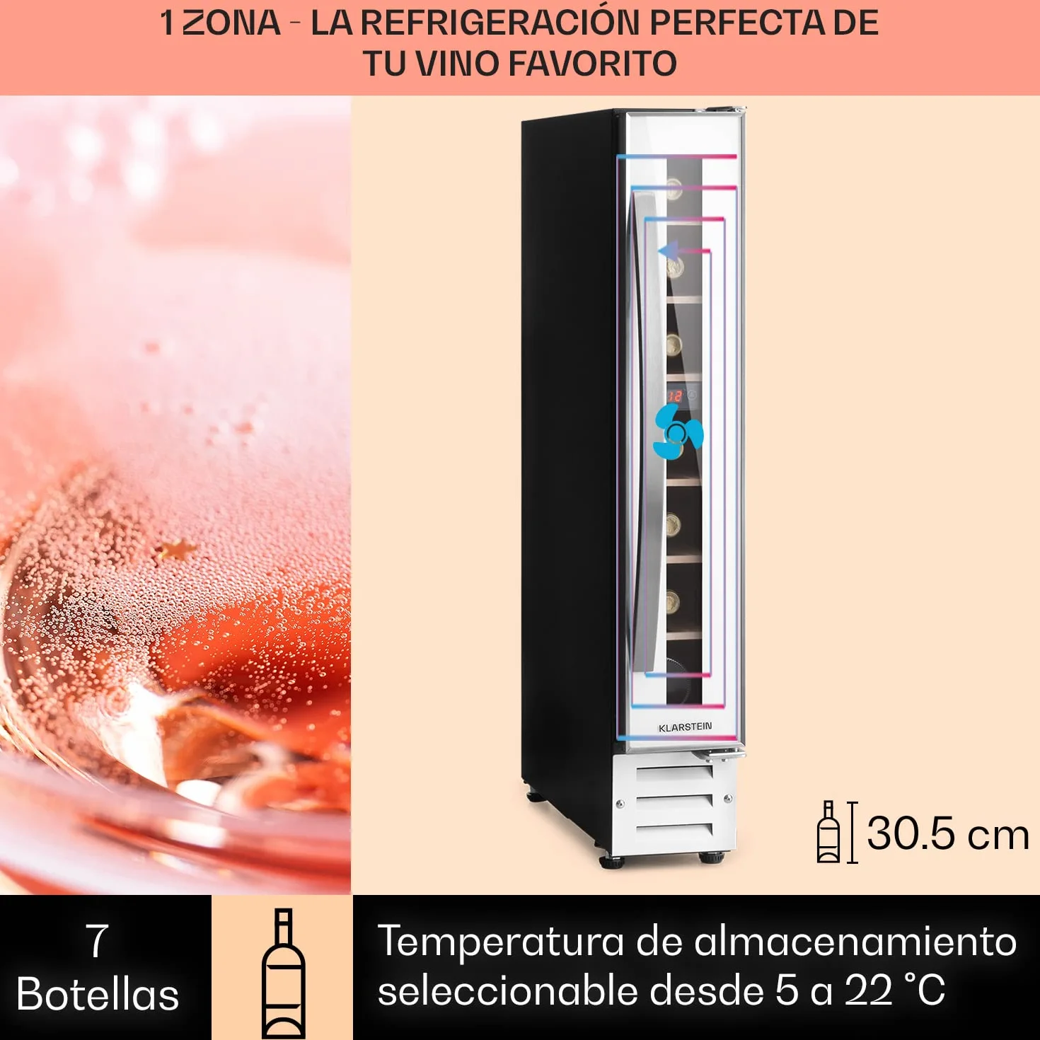 KLARSTEIN Vinoteca, Nevera para Vinos con 1 Zona de Refrigeración, Botellero Puerta Cristal para Vino, Proseco, Expositor Interior y Exterior, Panel Táctil, 20 L., Vinoteca Capacidad 7 Botellas