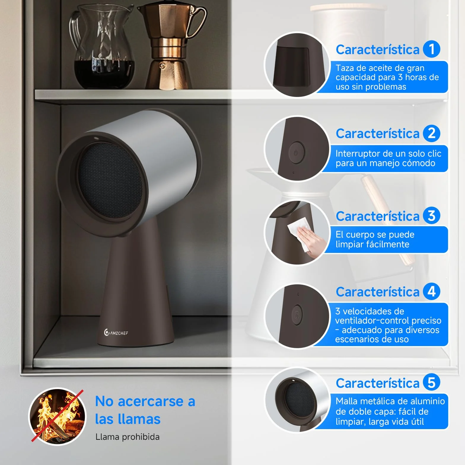 AMZCHEF Campana extractora portátil 120 m³/h 3 velocidades bajo ruido marrón