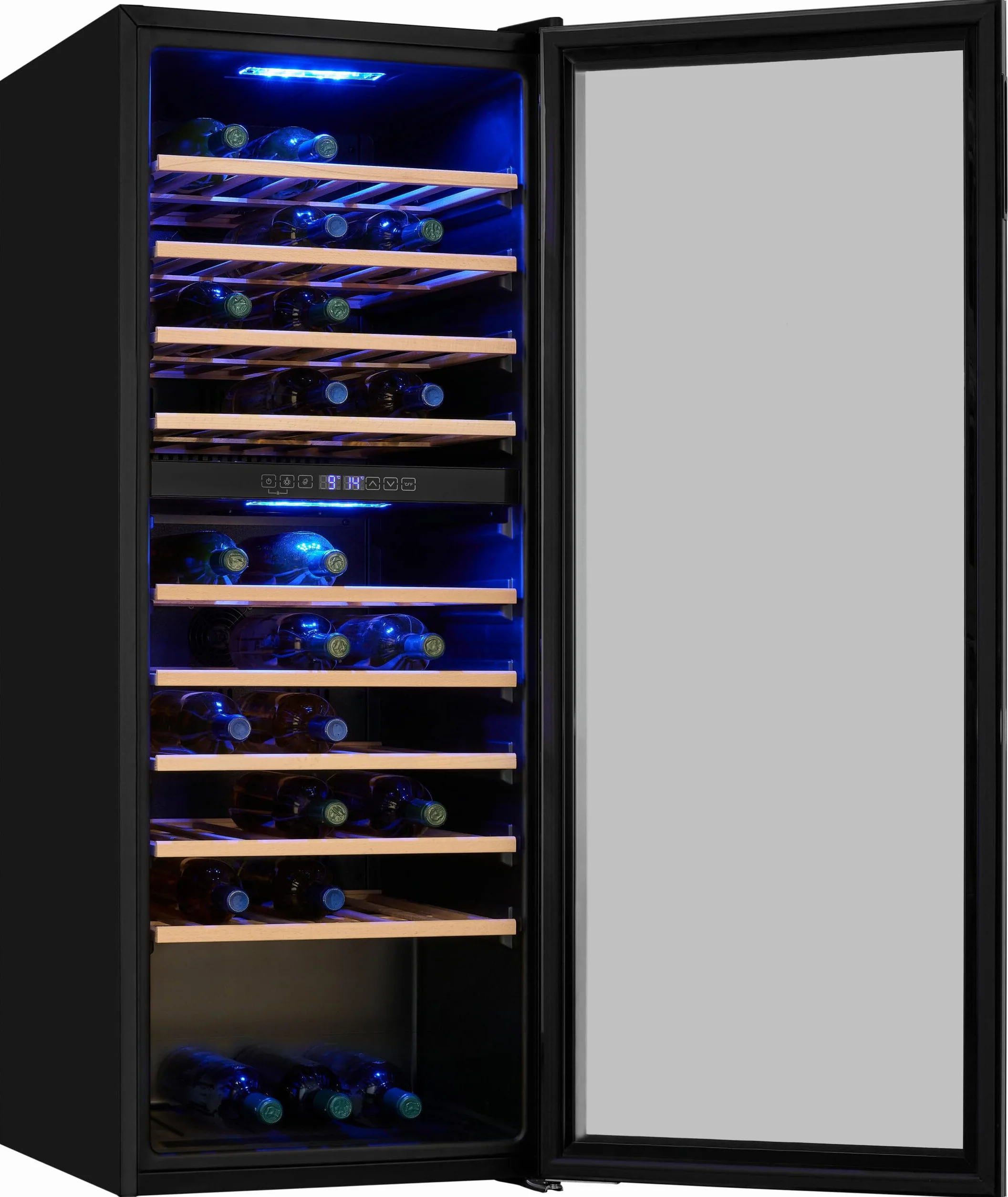 Exquisit® Vinoteca para 78 Botellas, 194L, Negro, Clase G, Doble Zona de Temperatura 5-20°C, Control Digital, Puerta de Cristal Reversible, Iluminación LED, 9 Estantes, Medidas (128,5 x 49 x 57,5 cm)