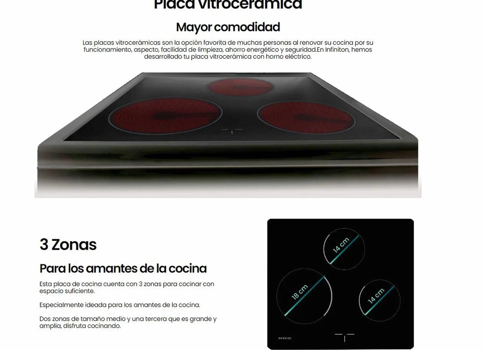 INFINITON Cocina con Horno CC-B550V3, Vitroceramica 3 Zonas, Horno Electrico 43 L, 6 Niveles de Potencia, Grill, Doble Acristalamiento, A, Negro